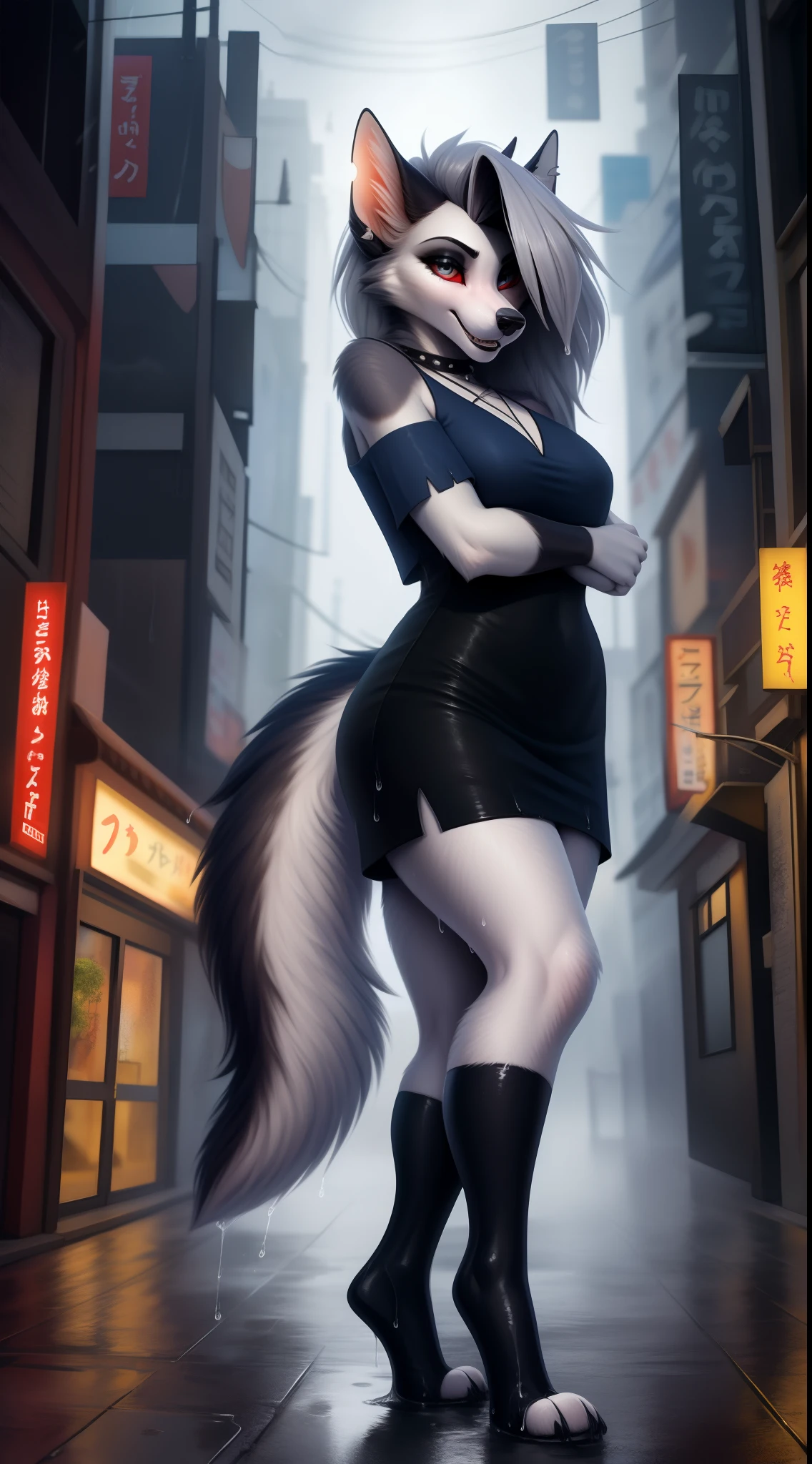 von Personalami, Helluva Boss, Loona Hellhound, Loona, weiblich, (detailliert), Ansicht des Betrachters, flauschig, solo, high resolution, fotorealistisch, niedlich schauend, verlegend schauend, rain clothes, rainy weather, raining, ((wet fur)), tokyo street landscape, glowing city lights, happy, Detailliert, (((Detailed eyes))), ((two ears)), full-body, Weiblich, mager weiblich, looks happy, Blick auf den Betrachter, (Detailliert), flauschig, high resolution, fotorealistisch, detailliertes Fell, five fingers, anatomoy correct tail, ((tail correct Position)), standing position, walking