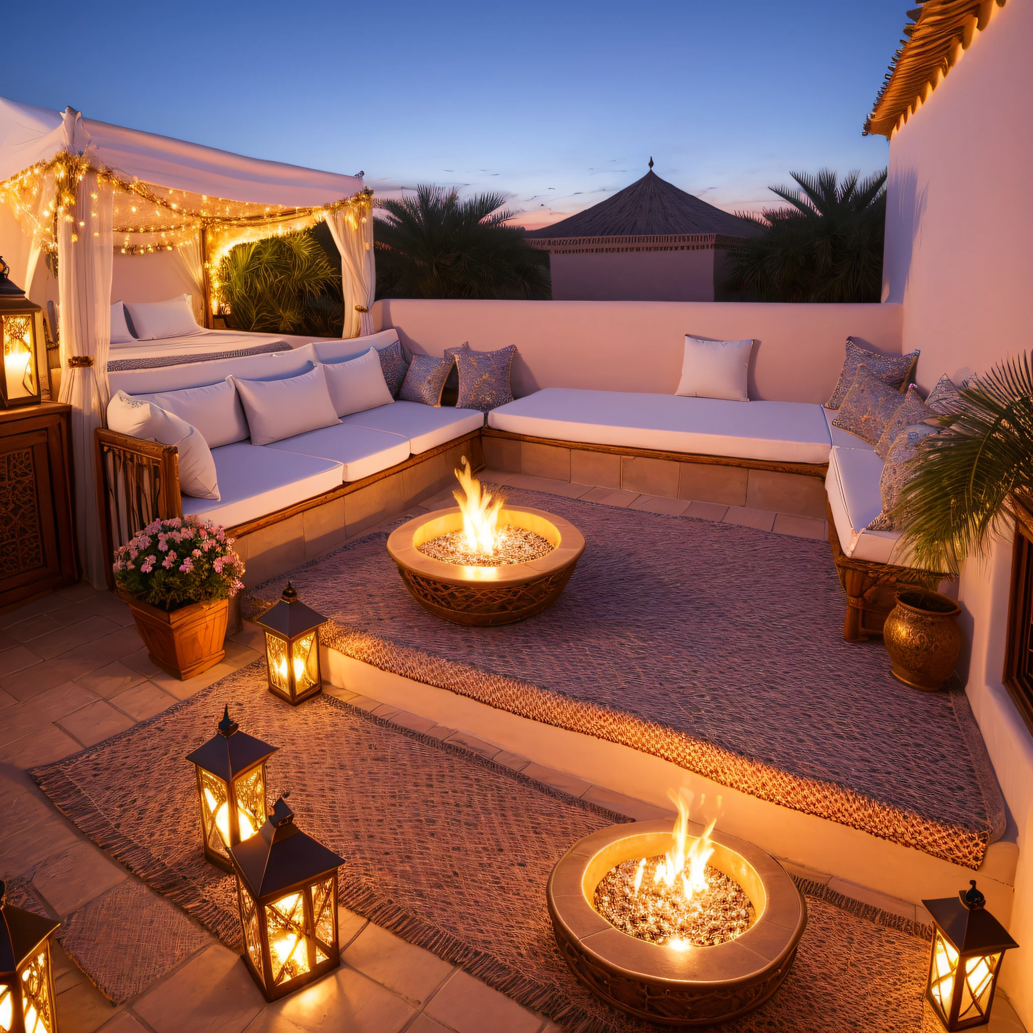 hyper realistic photo, ultra detailed photograph of a riad rooftop, towards view, beautiful, photorealistic, Amazigh pillows, Marrakech background, shimmering stars, iridescent, hyperrealism, Moroccan lamps, Ultra photoreal, Intricate details, Ultra detailed, great high details, hyper real photo, 8k, extreme quality, gorgeous roses, exotic, glimmering lights, magical, romantic, wishing, firepit, romance, tea and mint leaves