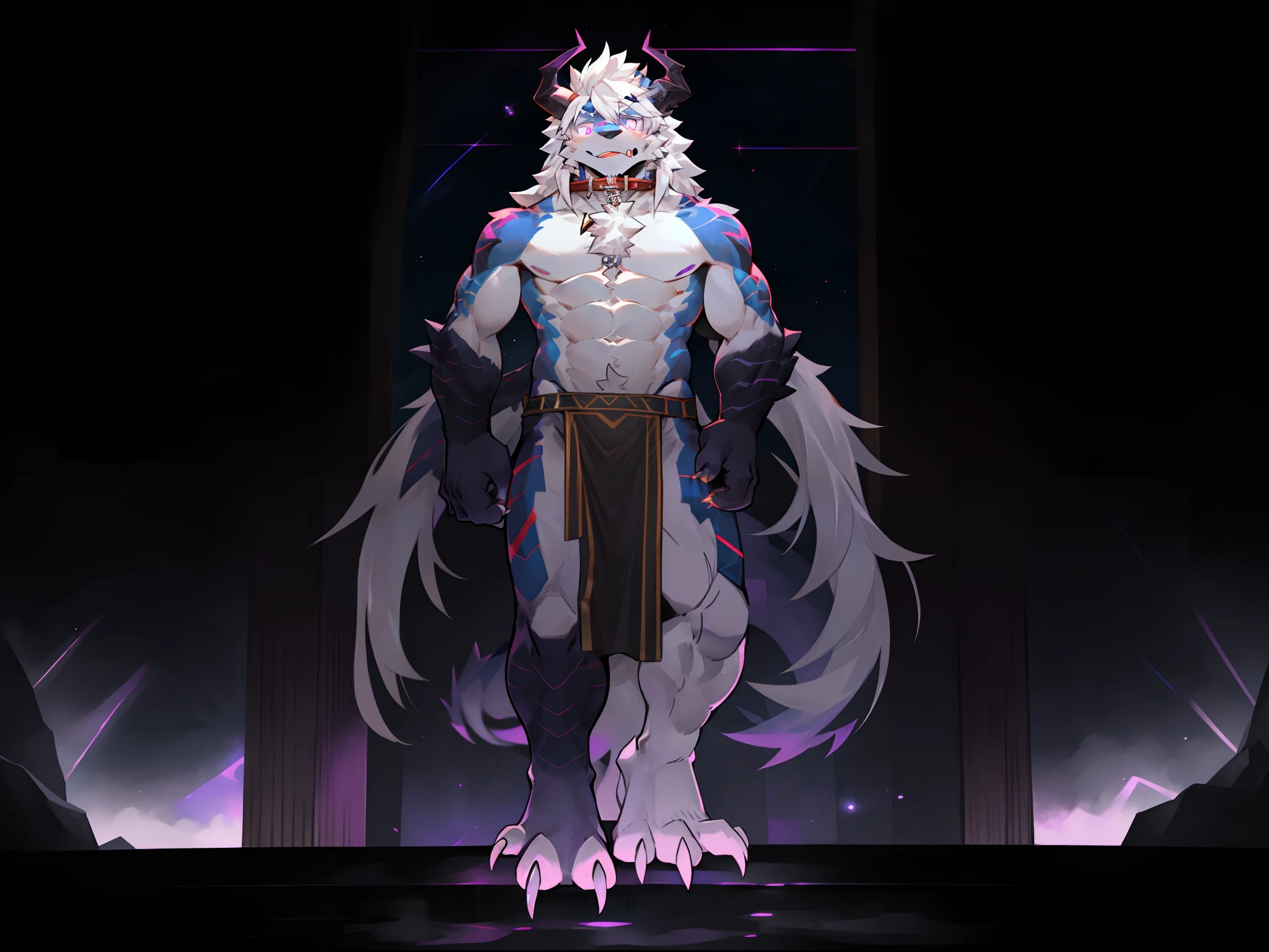 One guy,独奏,Full body like,shaggy male,hairy bodies,Correct anatomy,Detailed double eyes,glowing light eyes,Wearing a naked,Black loincloth,Muscular,long white hair,drak,shoun(thin tall body type),male people,There are small horns on the head,black-skinned,,red striped,Purple eye,Evil god incarnation,glowing light eyes,Sharp claws,with light glowing,Star eyes,Cute meat pad,Collar,adolable,Handsome,Evil charm,haughty,Large dragon tail,full bodyesbian,White laboratory,Brainwashing,tongue stickout,Viscous liquid outflows