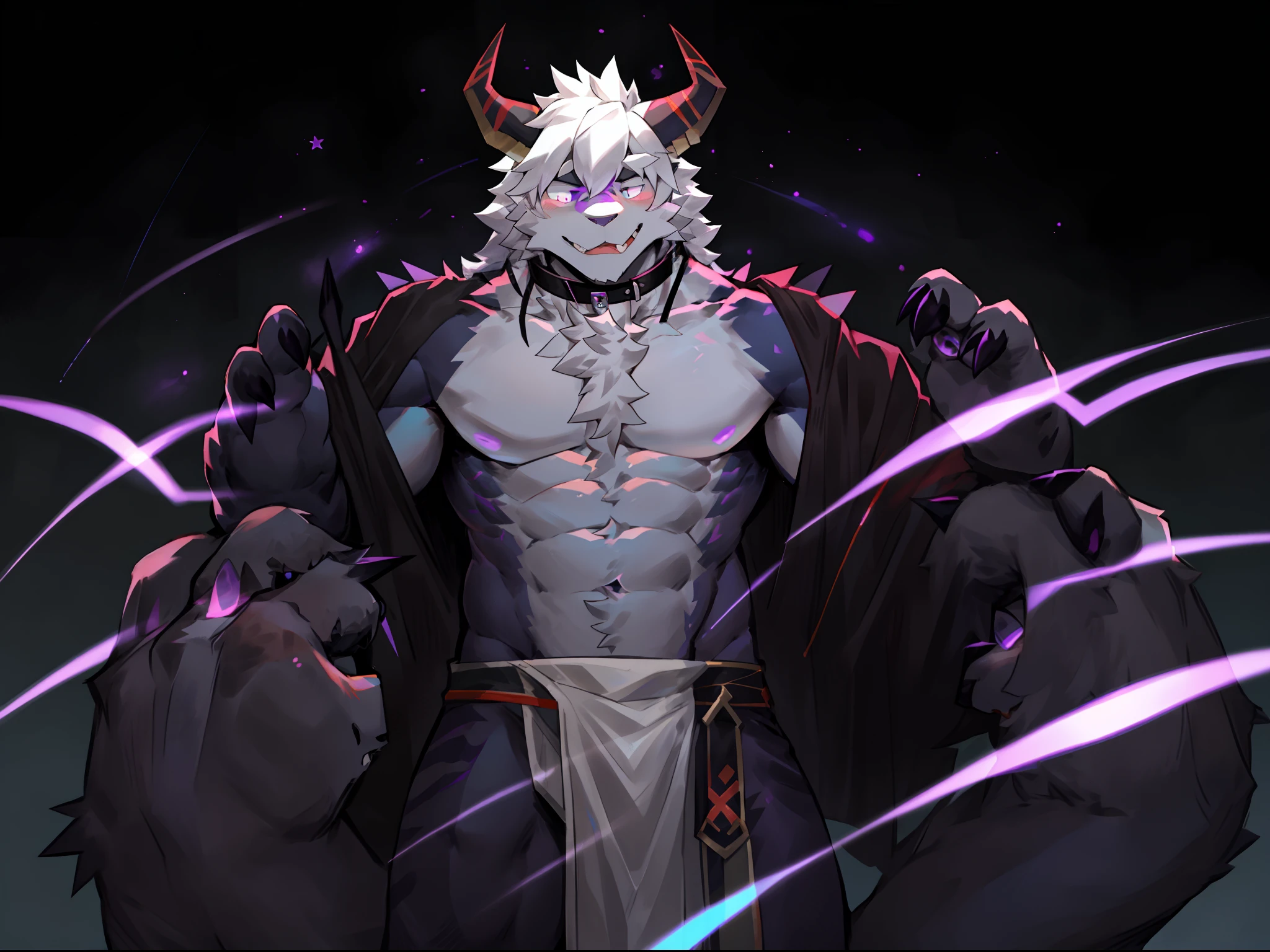 One guy,独奏,Full body like,shaggy male,hairy bodies,Correct anatomy,Detailed double eyes,glowing light eyes,Wearing a naked,Black loincloth,Muscular,long white hair,drak,shoun(thin tall body type),male people,There are small horns on the head,black-skinned,,red striped,Purple eye,Evil god incarnation,glowing light eyes,Sharp claws,with light glowing,Star eyes,Cute meat pad,Collar,adolable,Handsome,Evil charm,haughty,Large dragon tail,full bodyesbian,White laboratory,Brainwashing,tongue stickout,Viscous liquid outflows