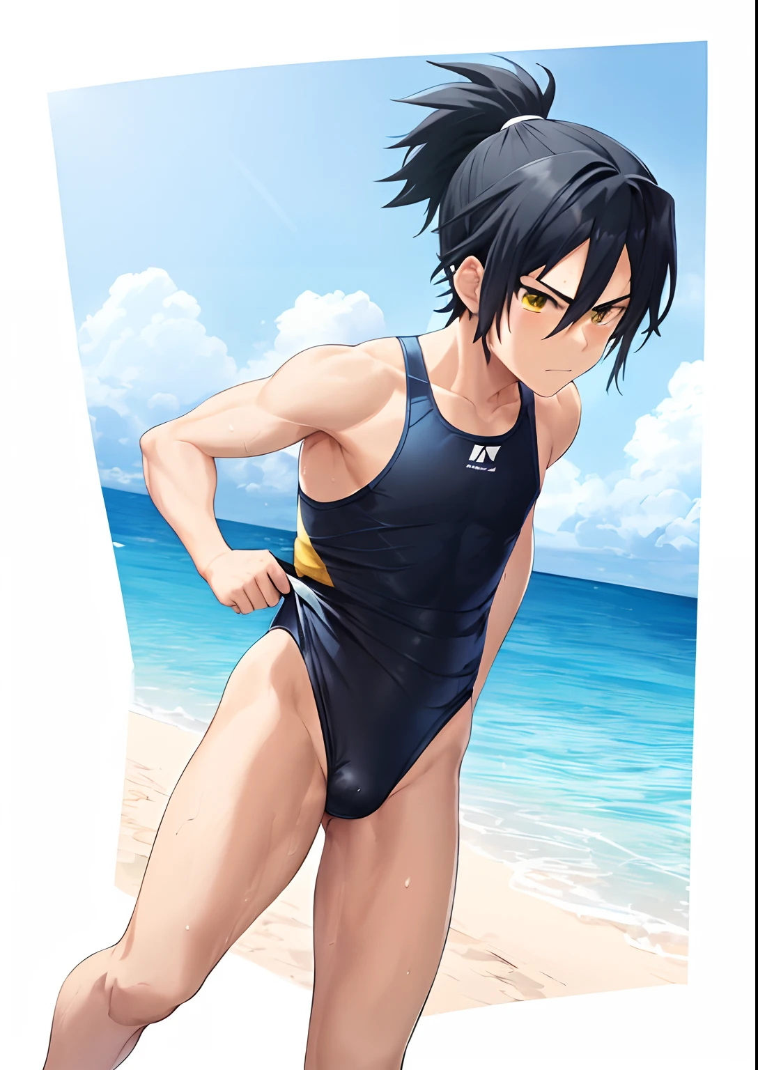 Boy with long blue ponytail hair, Anime boy in black swimsuit, wearing a swimming wear, Swimsuit, Boy with purple long high ponytail hair, Boy with Yellow Eyes, garments:High-cut swimwear, Wet swimsuit, onepiece swimsuit, wearing a swimming wear, Cool anime boy in black tank suit, wearing swimming wear, Competitive swimsuit, sparky swimsuit, Full body:: Sunny weather::, Wearing swimwear, highleg, Commission for high resolution, Bare shoulders, bare legs,