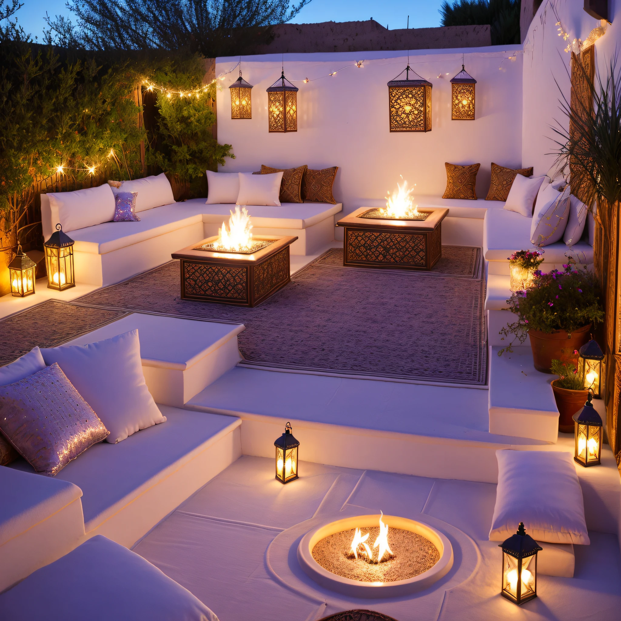 hyper realistic photo, ultra detailed photograph of a riad rooftop, Morocco view, beautiful, photorealistic, Amazigh pillows, Marrakech background, shimmering stars, iridescent, hyperrealism, Moroccan lamps, Ultra photoreal, Intricate details, Ultra detailed, great high details, hyper real photo, 8k, extreme quality, gorgeous roses, exotic, glimmering lights, magical, romantic, wishing, firepit, romance, flowers, wisteria, fairy lights hanging