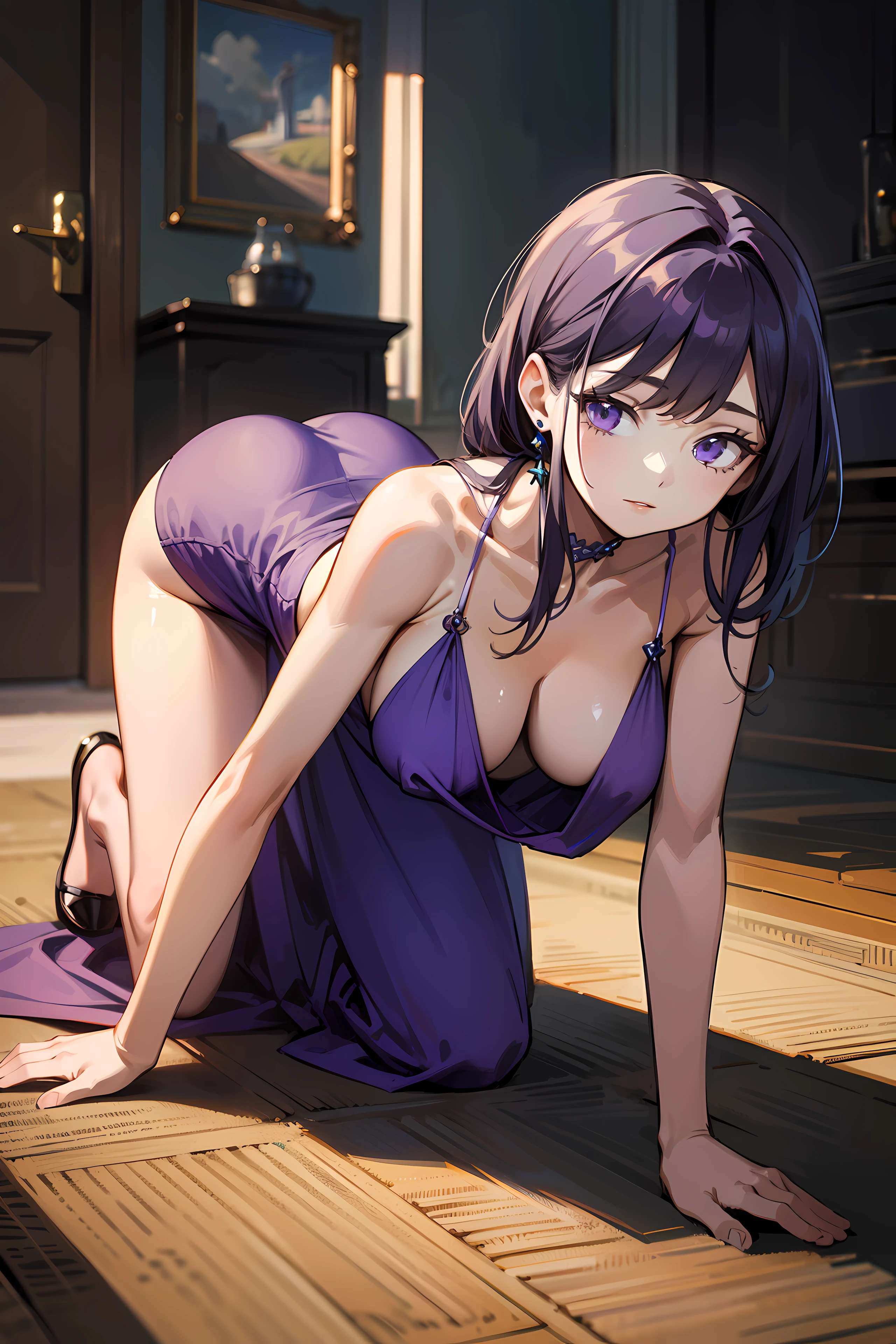 1woman, purple dress, all  fours, Masterpiece, Best quality, Highly detailed,