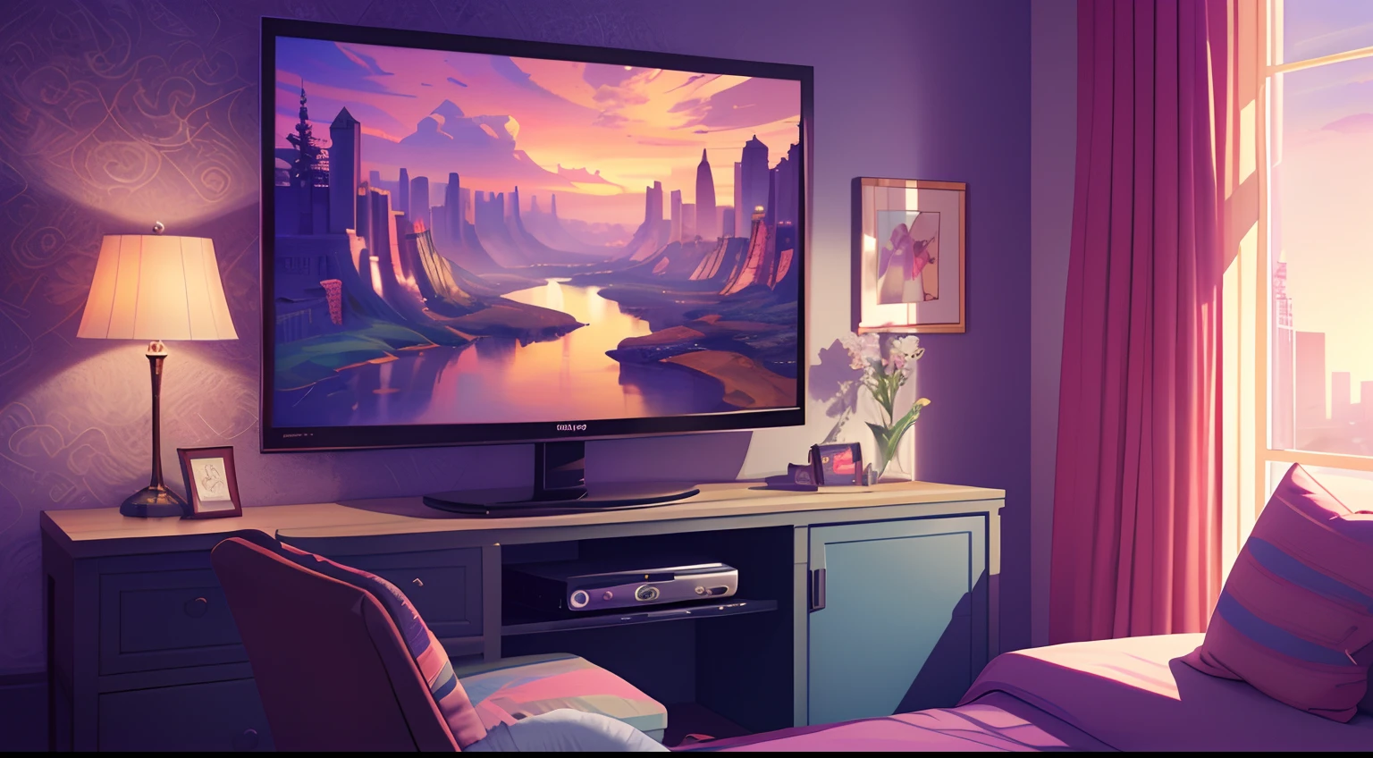 (masterpiece), (best illustration),(no humans), anime background, gaming bedroom, television with large computer, ring lighting , rim lighting,(extremely detailed CG unity 8k wallpaper),(masterpiece), (best quality), (vaporwave style), (ultra-detailed), (best illustration),(best shadow),perfect lighting , perfect anatomy , vivid colors