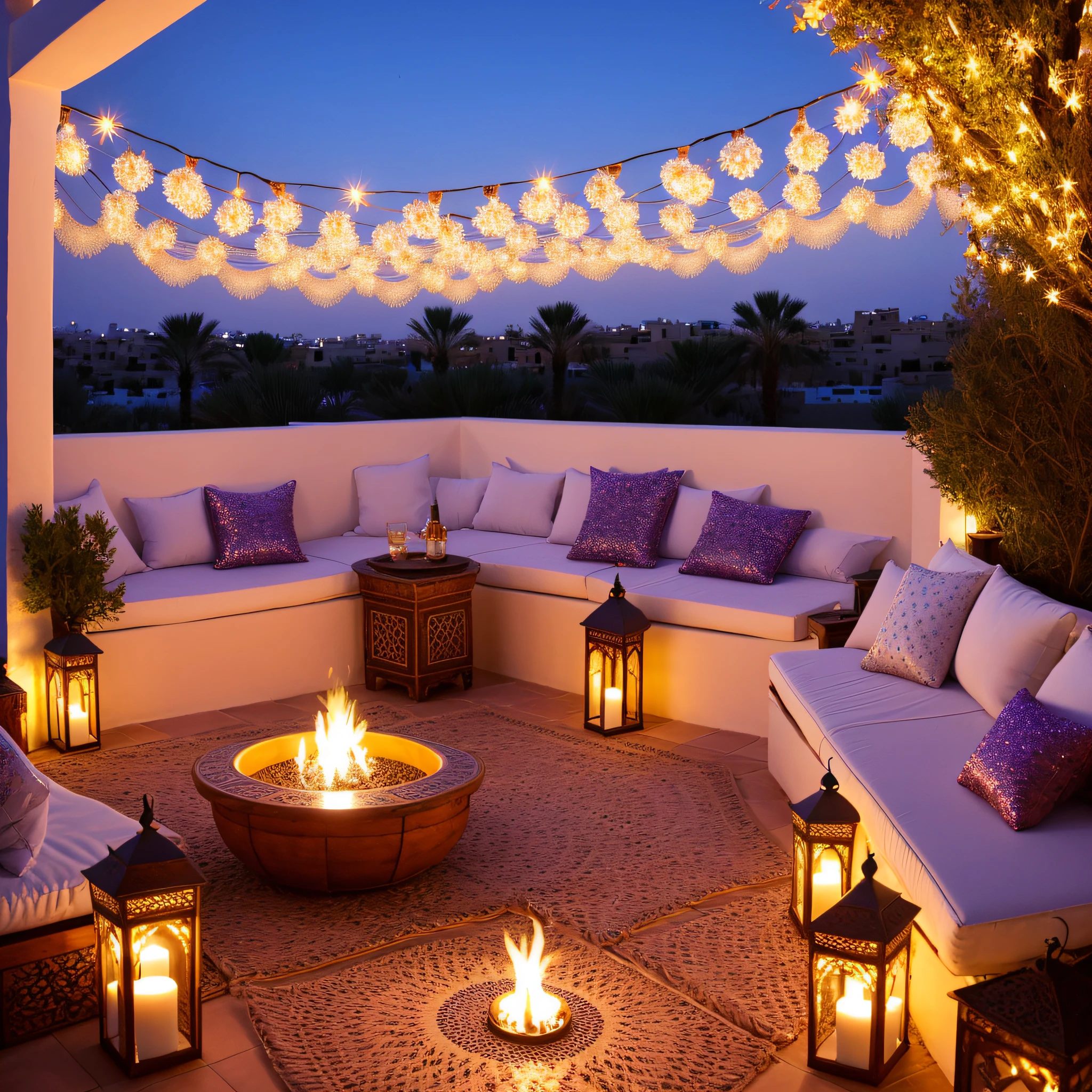 hyper realistic photo, ultra detailed photograph of a riad rooftop, Morocco view, beautiful, photorealistic, Amazigh pillows, Marrakech background, shimmering stars, iridescent, hyperrealism, Moroccan lamps, Ultra photoreal, Intricate details, Ultra detailed, great high details, hyper real photo, 8k, extreme quality, gorgeous roses, exotic, glimmering lights, magical, romantic, wishing, firepit, romance, flowers, wisteria, fairy lights hanging