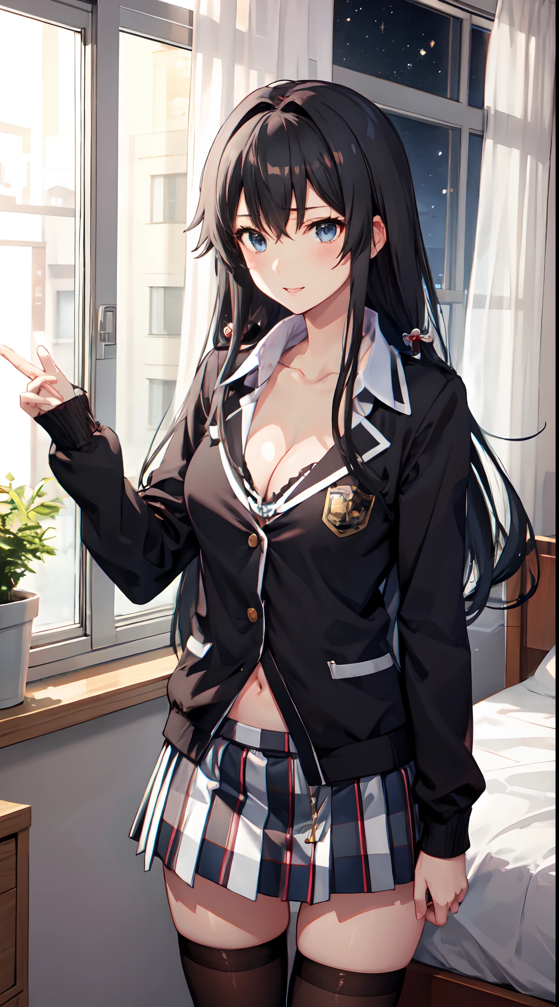 Yukino yukinoshita, long hair, cleavage, navel, slim legs, black hair, blue eyes, short skirt, thigh high socks, teen, happy, school uniform, bedroom, night. leaning