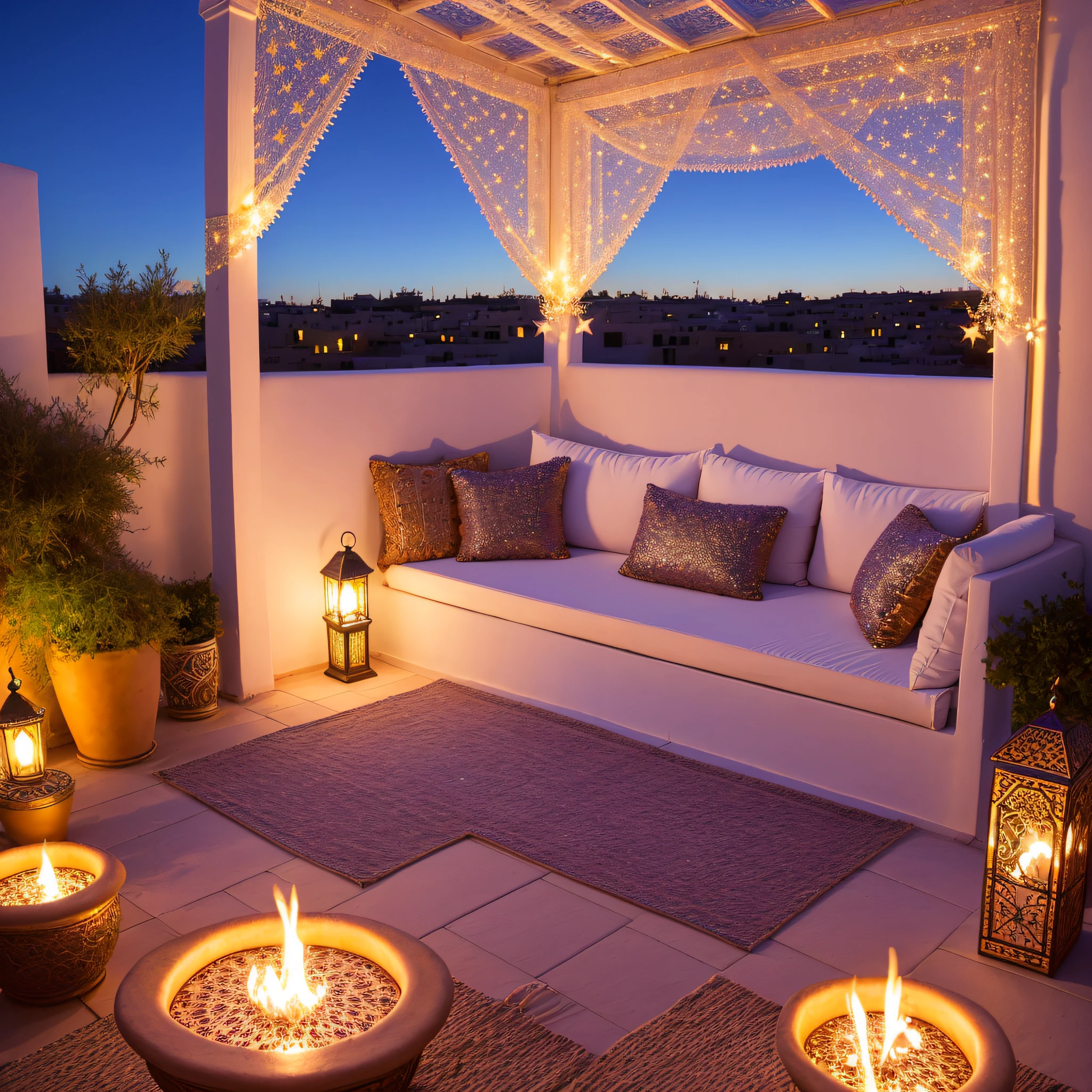 hyper realistic photo, ultra detailed photograph of a riad rooftop, Morocco view, beautiful, photorealistic, Amazigh pillows, Marrakech background, shimmering stars, iridescent, hyperrealism, Moroccan lamps, Ultra photoreal, Intricate details, Ultra detailed, great high details, hyper real photo, 8k, extreme quality, gorgeous roses, exotic, glimmering lights, magical, romantic, wishing, firepit, romance, flowers, wisteria, fairy lights hanging