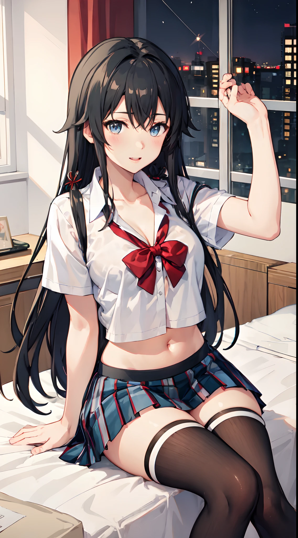 Yukino yukinoshita, long hair, cleavage, navel, slim legs, black hair, blue eyes, short skirt, thigh high socks, , happy, school uniform, bedroom, night. leaning
