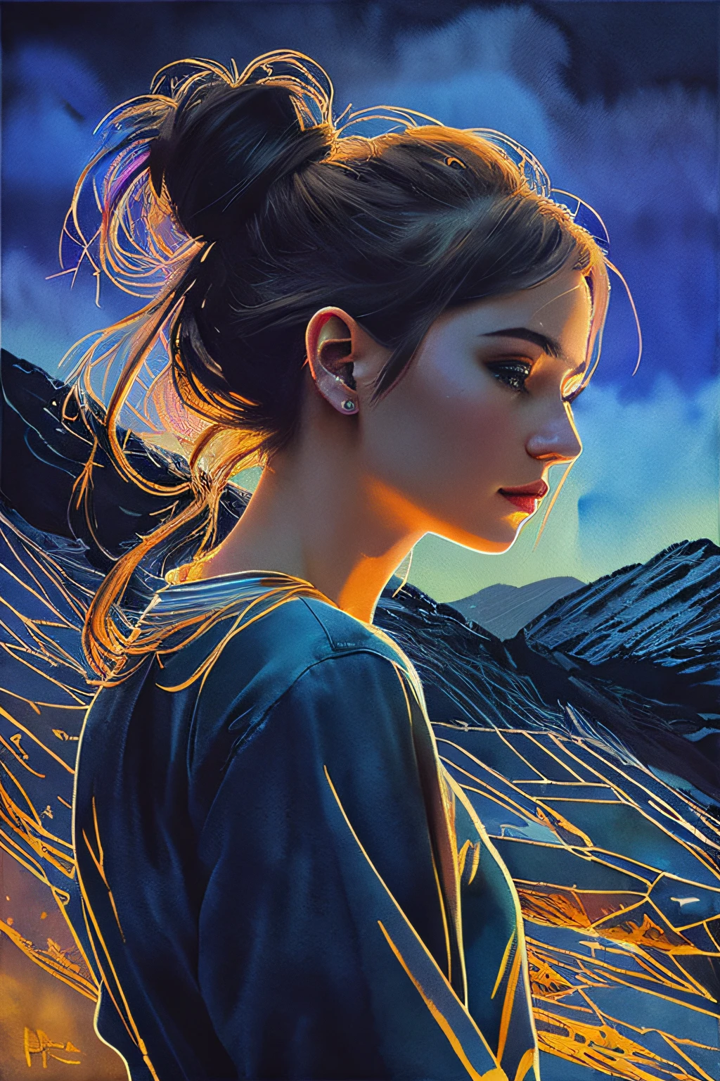Silhouette of a beautiful goddess with hair in a bun, Gorgeous eyelashes, Composite with mixed mountain scenes, Background by Ilya Kuvshinov and Annie Leibowitz、 Synthwave watercolor on canvas、 trending on artstationh 、dramatic lighting、 abstract expressionism、 Pastel tones、 hue (hard disk)、 the golden ratio、 detaileds、 Aesthetic octane、 rendered、 excellent composition 、Natural texture、 8K、 oil paining、 masterpiece、 Canon EOS R4s 50、