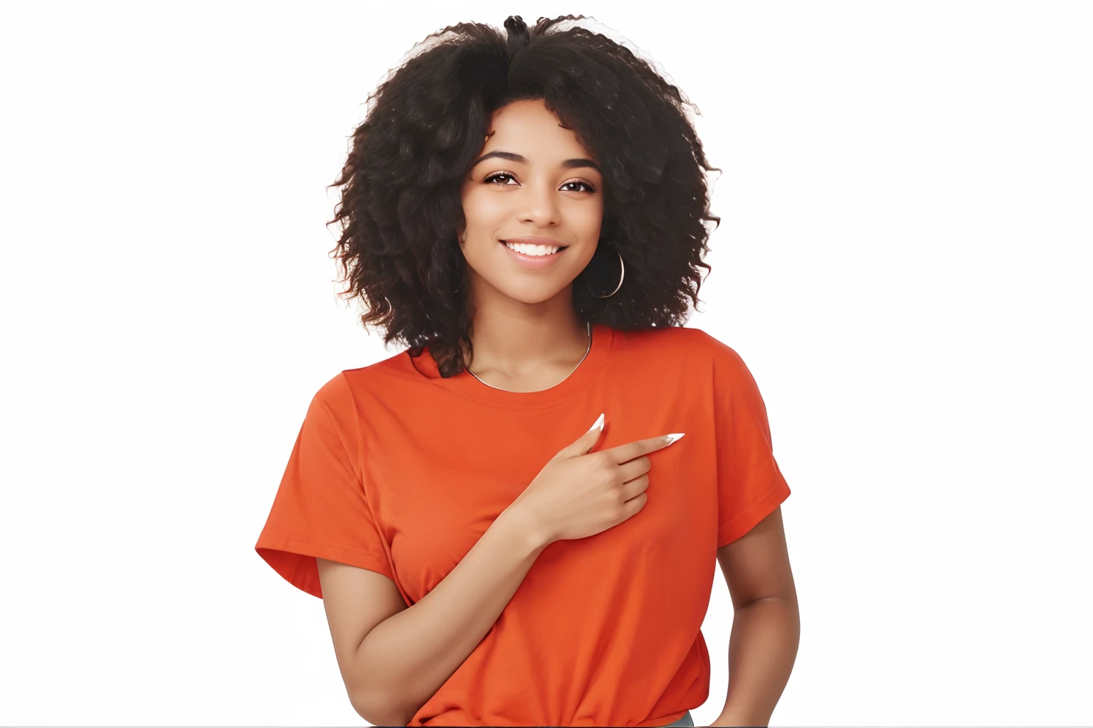 mulher sorridente apontando para algo com o dedo em um fundo branco, foto da mulher jovem, vestindo uma camiseta laranja, vestindo uma camiseta laranja, Foto de uma mulher, Mulher jovem sorridente, atraente, com o dedo indicador, jovem mulher negra, foto de uma mulher negra, Mulher jovem afro-americana, mulher jovem negra, young woman, Ad image, mulher bonito