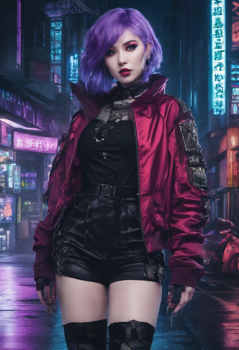 japanaese girl,pale skin,beatiful face(purple hair)red jacket,Tokyo at night, with Cyberpunk style,Japanese streetwear,Tokyo Fashion,In a Cyberpunk 2 jacket 0 7 7,Full-length,attractive pose,Bottom view