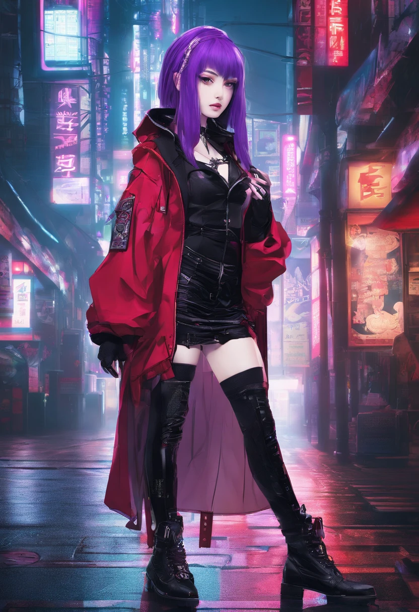 japanaese girl,pale skin,beatiful face(purple hair)red jacket,Tokyo at night, with Cyberpunk style,Japanese streetwear,Tokyo Fashion,In a Cyberpunk 2 jacket 0 7 7,Full-length,attractive pose,Bottom view