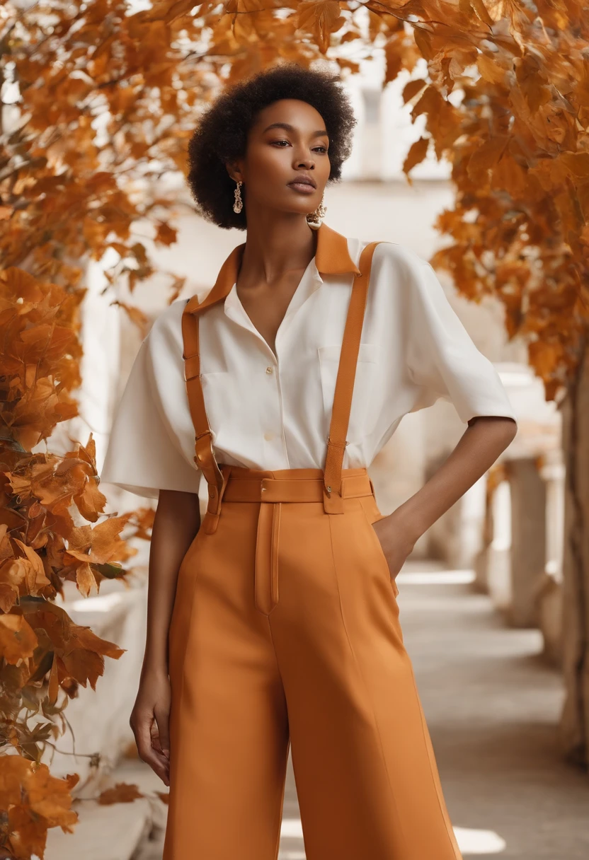 Costume planning theme autumn and winter return to dust，Style: Urban simplicity, Old money style, Reference brand TEME 2023. Moya Seoul 2023 colors: Peach, Amber brown, Orange-yellow details: The top is smart，Casual culottes with loose straps，White shirt material: linen, Cotton, Silk, fleece, Full body front design