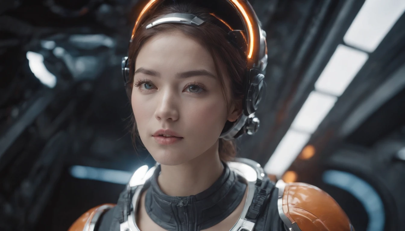 Beautiful Astronaut 22 Year Old Japan Woman , Deep Blue Eyes, Metallic White Orange Detail Clothing, Cinematic, Photo Shot, Half backlight, Backlight, Dramatic Lighting , Incandescent, Soft lighting, insanely detailed and intricat, Hyper maximalist, Art that is not Gwaites style, Elegant Pose, Dynamic, Photography, Volumetric , ultra-detailliert, intricate detailes, A super-meticulous masterpiece by G-Wise, futuristic environment