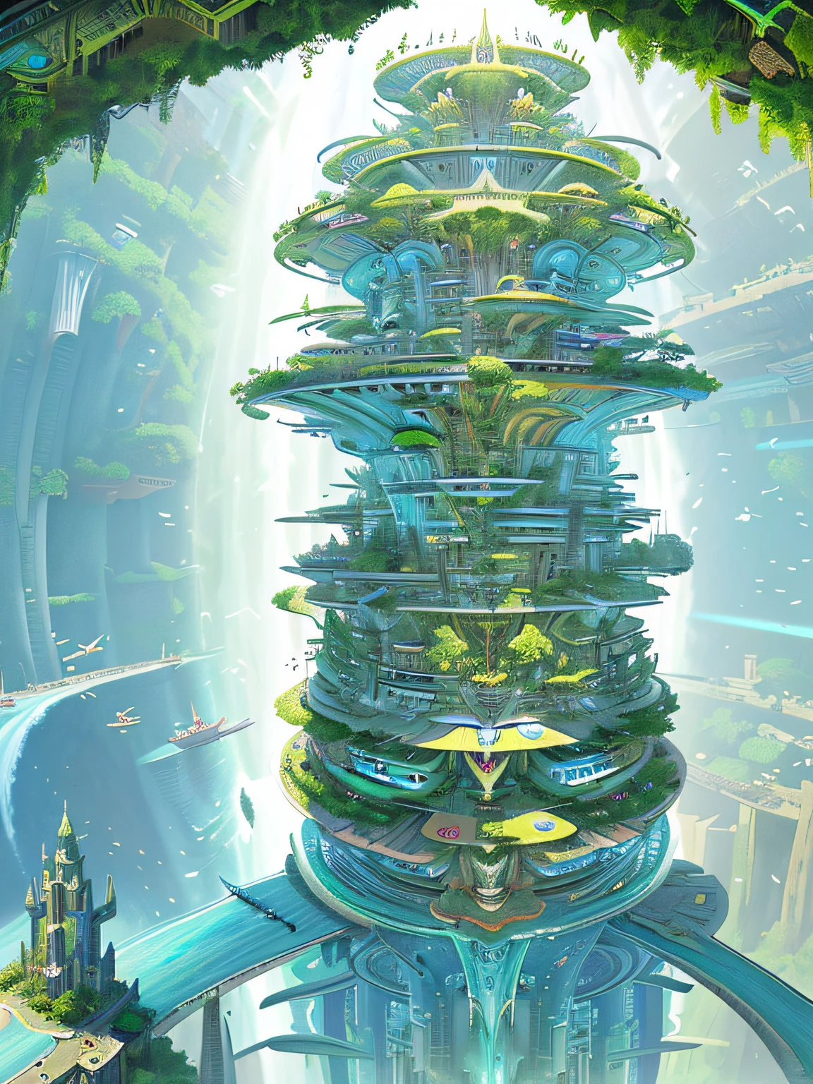 aerial view, stacked architecture city on giant towers and rings with many arches and bridges and flowering terraces, colorful vegetation, sci-fi futuristic architecture, waterfalls, many boats and ships, a matte painting by james gurney, trending on cgsociety, oversaturated, ultra sharp, hyper realistic