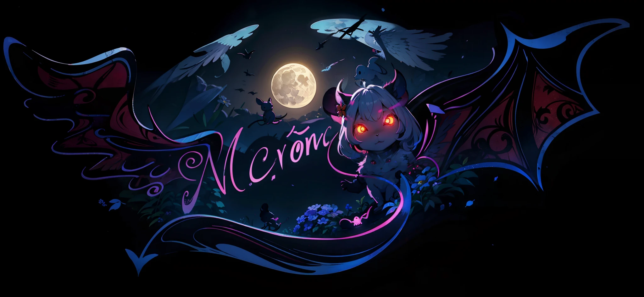 Flower garden, moon, night, cute mouse has angel wings, cute mouse has devil wings, skull in the middle, bright eyes,