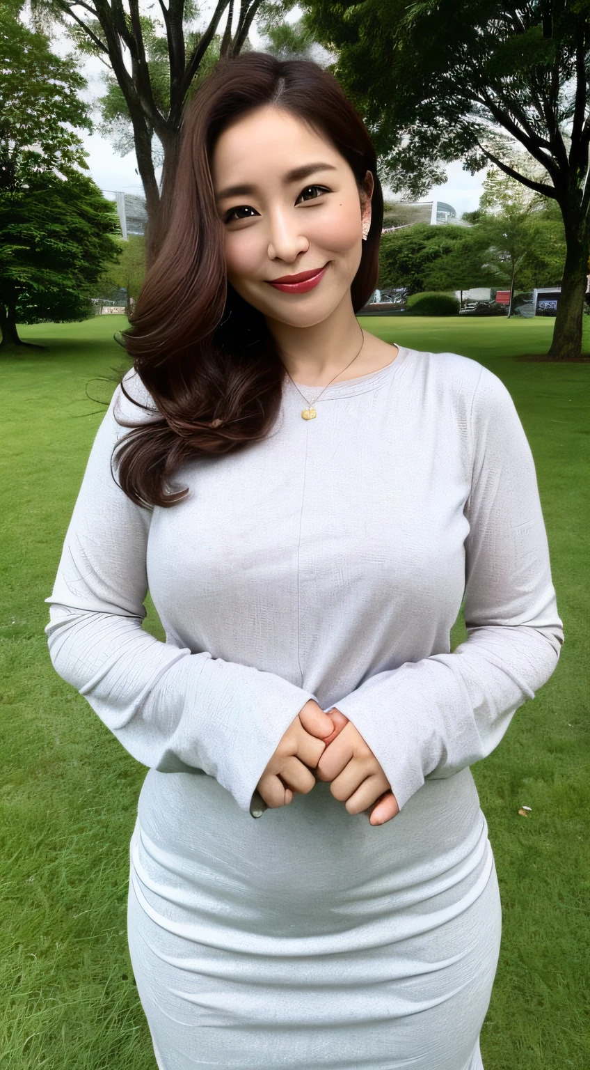 ((top-quality、8K、tmasterpiece:1.3))、foco nítido, high-level image quality, A high resolution, Portrait, Solo, Middle-aged woman, Beautuful Women, 45 yers old, plump,Middle-aged long hairstyle,  Park background， Wrinkles at the corners of the eyes, mesmerizing looks, ssmile、Teethless，Saggy breasts、Colossal tits、nipple piercing、a necklace、Visible nipple、Crewneck dress，Both hands are lowered，standing on your feet：1.2，fully body photo，orthofacial，Complete fingers，perfect bodies