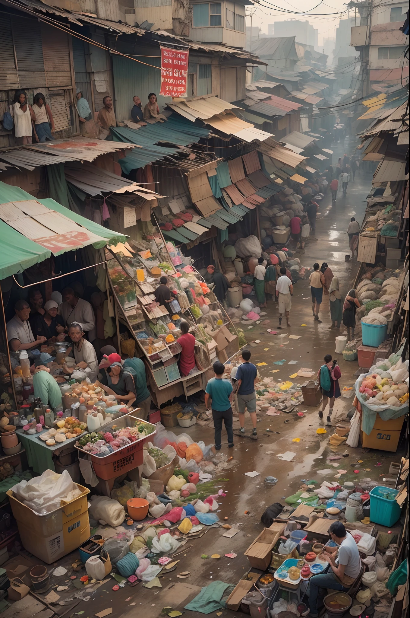 There are a lot of people standing on a pile of garbage、Vibrant eco and complex realistic paintings of overpopulated markets、The background is a slum、Insanely very detailed artwork。
There are a lot of people standing on a pile of garbage, Overpopulated oil painting, A vibrant echo of the market, Intricate realistic paintings, The background is a slum, Insanely very detailed artwork, Made with garbage, Ultra-fine detail painting, Hyperrealism Vrubel, Intricate oil painting artwork, Deep dreams, By Robert Bereny