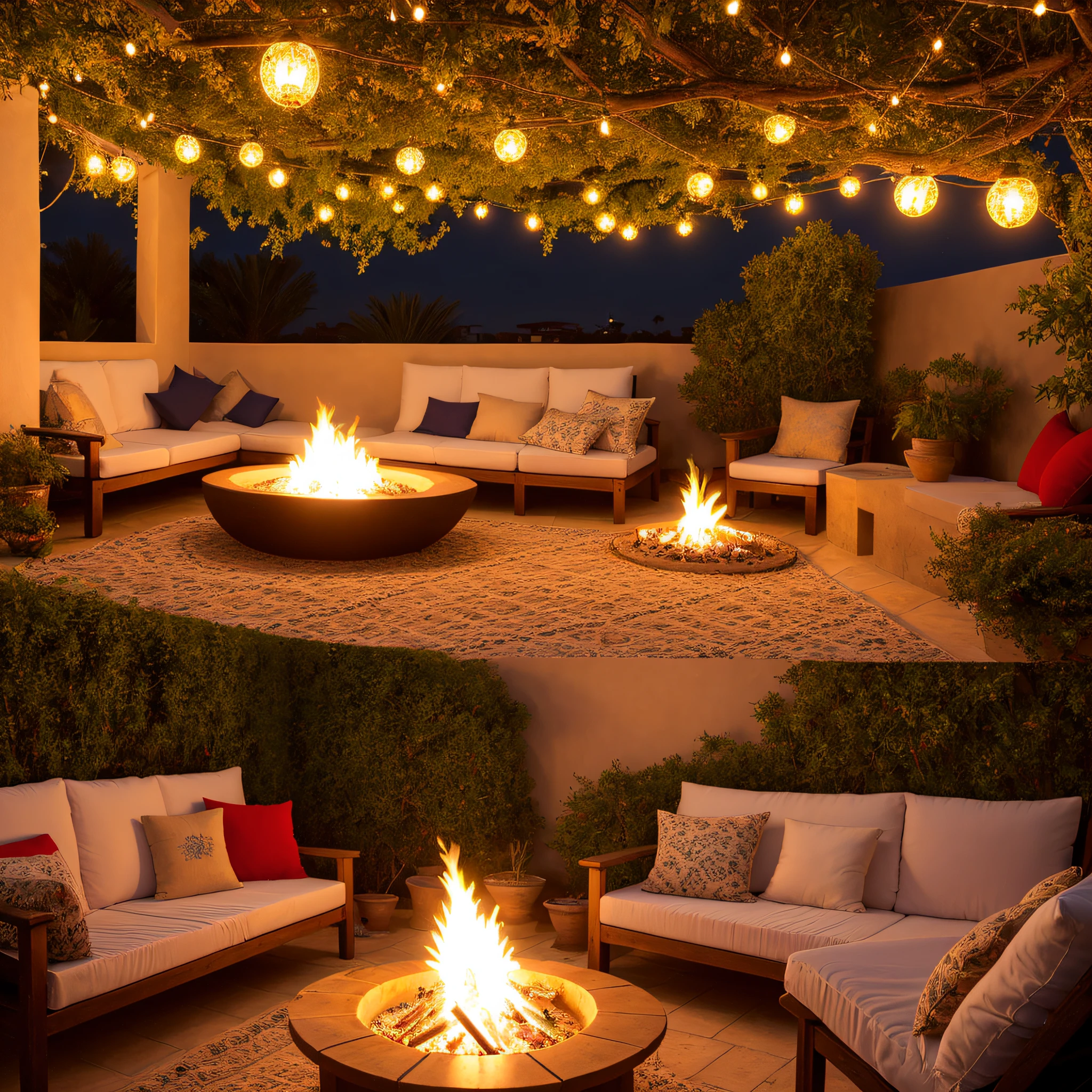 hyper realistic photo, ultra detailed photograph of a riad rooftop, Moroccan view, beautiful, stunning moon, photorealistic, Amazigh pillows, Marrakech background, shimmering stars, iridescent, hyperrealism, one Moroccan lamp, Ultra photoreal, Intricate details, Ultra detailed, great high details, hyper real photo, 8k, extreme quality, gorgeous roses, exotic, glimmering lights, magical, romantic, wishing, (one firepit), romance, flowers, wisteria, fairy lights hanging