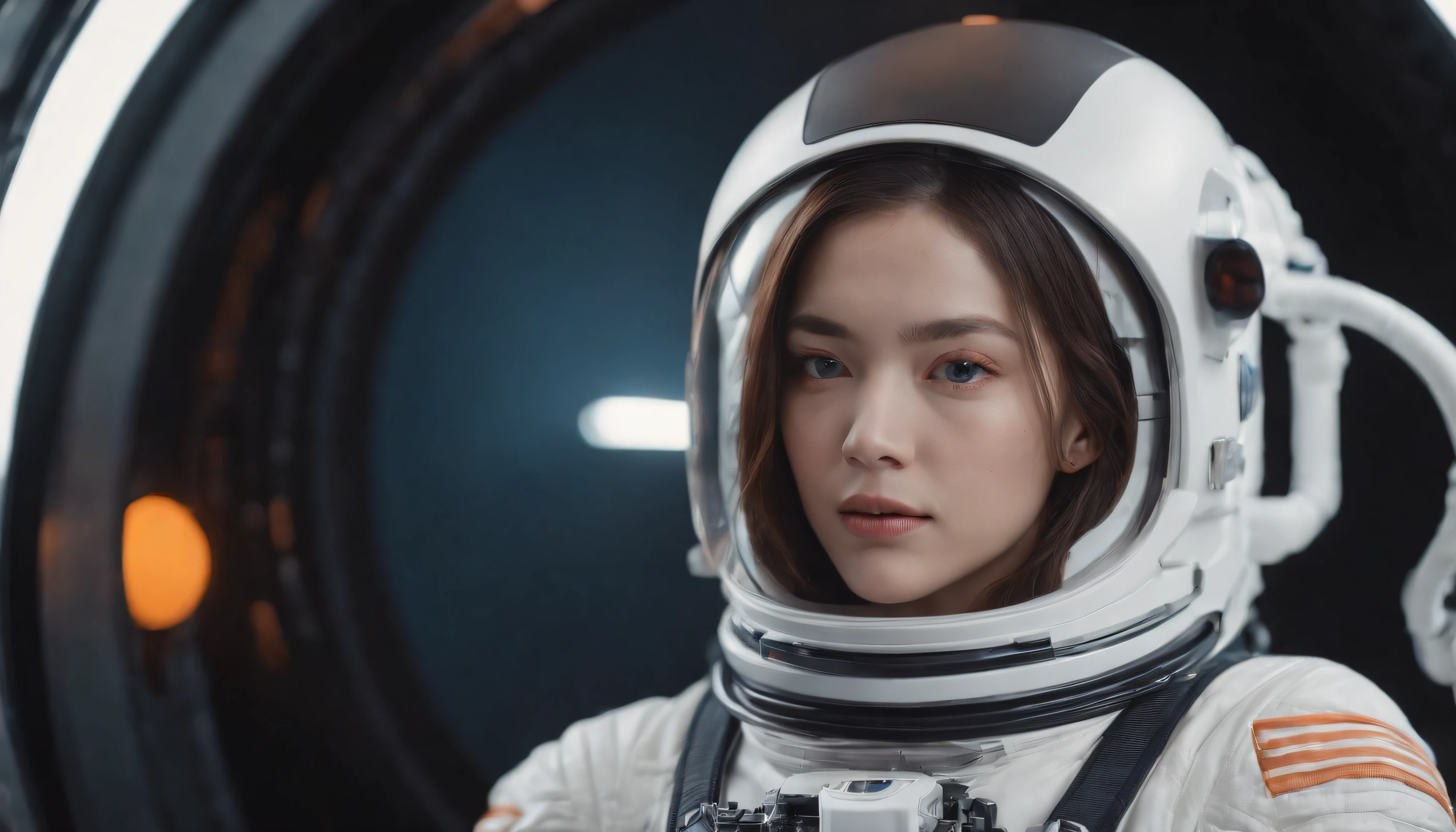 Beautiful Astronaut 22 Year Old Japan Woman  , Deep Blue Eyes, Metallic White Orange Detail Clothing, Cinematic, Photo Shot, Half backlight, Backlight, Dramatic Lighting , Incandescent, Soft lighting, insanely detailed and intricat, Hyper maximalist, Art that is not Gwaites style, Elegant Pose, Dynamic, Photography, Volumetric , ultra-detailliert, intricate detailes, A super-meticulous masterpiece by G-Wise, futuristic environment
