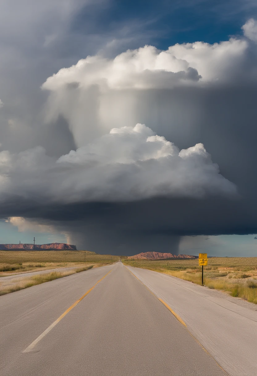 Down Rt. 66 Before the Great Storm, Nostalgic, Annual lighting display, cumulonimbus clouds, voluminetric lighting, Big sky