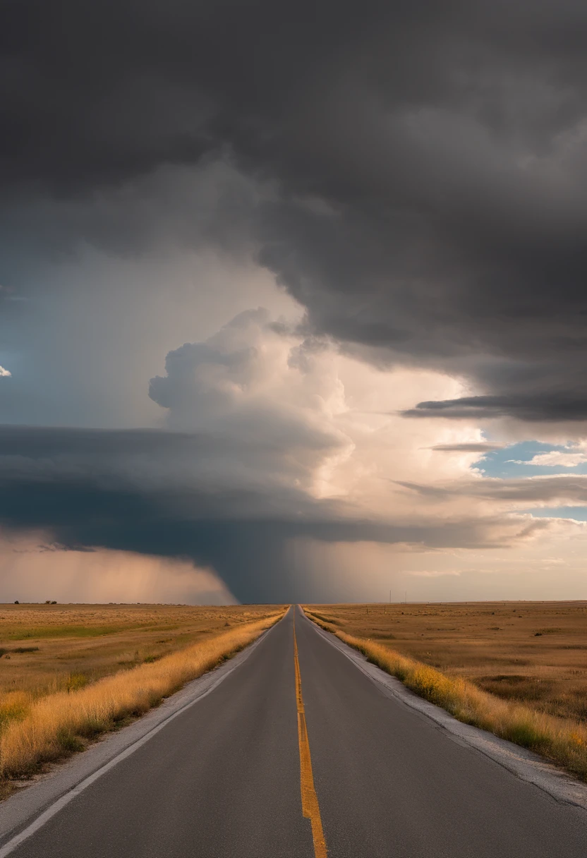 Down Rt. 66 Before the Great Storm, Nostalgic, Annual lighting display, cumulonimbus clouds, voluminetric lighting, Big sky