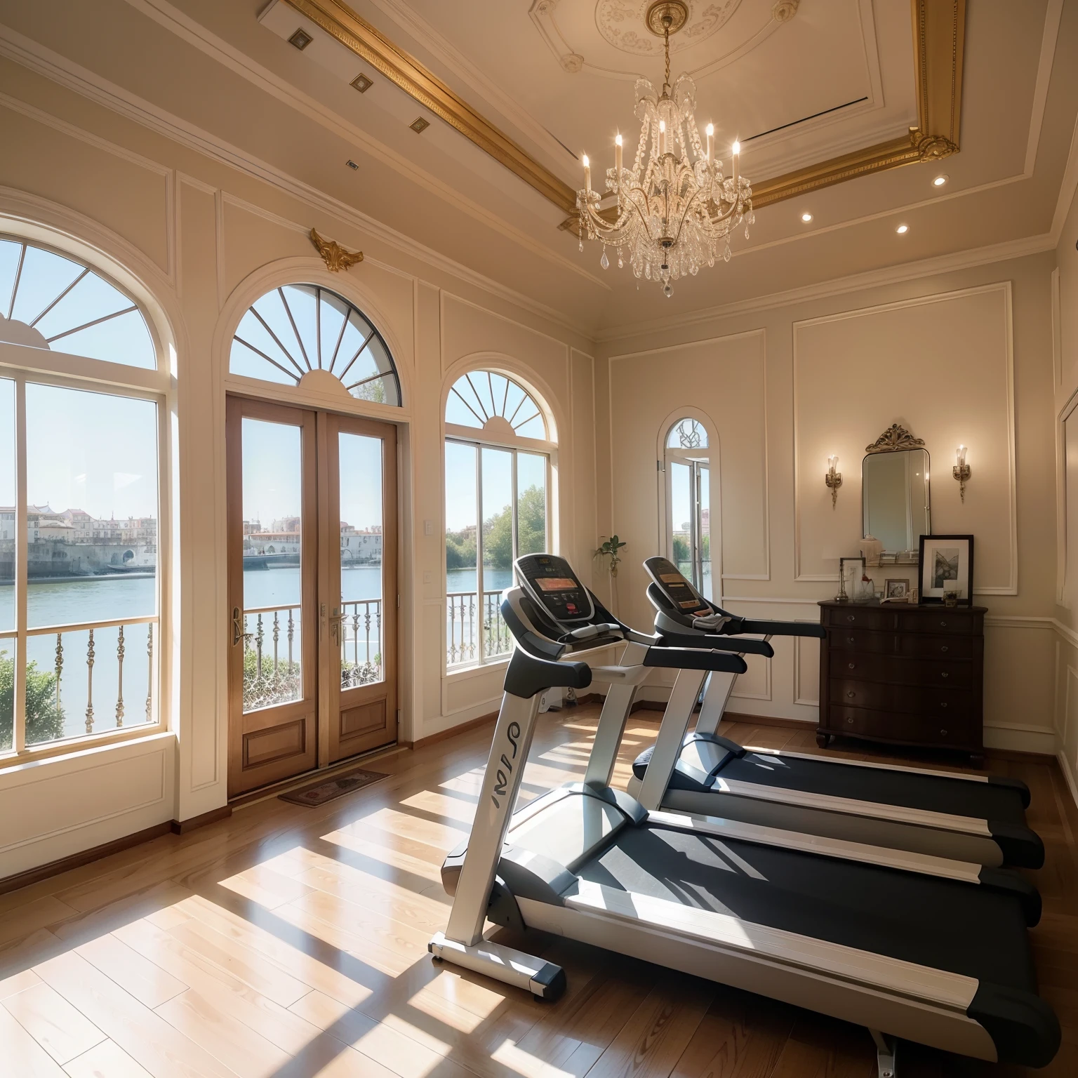 Elegant hall，Bright，European style wainscoting，Fitness equipment，Treadmill，River view from the window，Spanish style