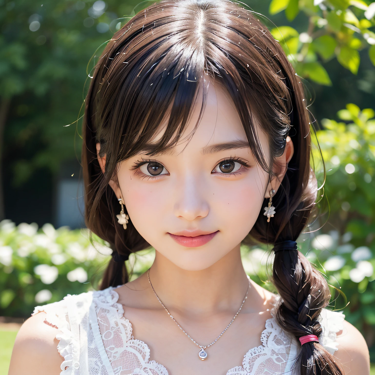 2 girls in、Twintail hairstyles,masutepiece, Best Quality, 8K, 15yo student, Teen, Raw photo, absurderes, award winning portrait, Smile, Botanical Garden, neons, Idol face, violaceaess, gardeniass, Delicate girl, Upper body, Digital SLR, Looking at Viewer, Candid, Sophisticated, zora々Right, Thin arms, Professional Lighting, Film grain, chromatic abberation, (Eyes and faces with detailed:1.0), (Bokeh:1.1),Luxurious blouses、intricate lace、intricate hair ornament、Complex earrings、Complex necklaces、Beautiful breasts、shawls、Pink and light blue,
