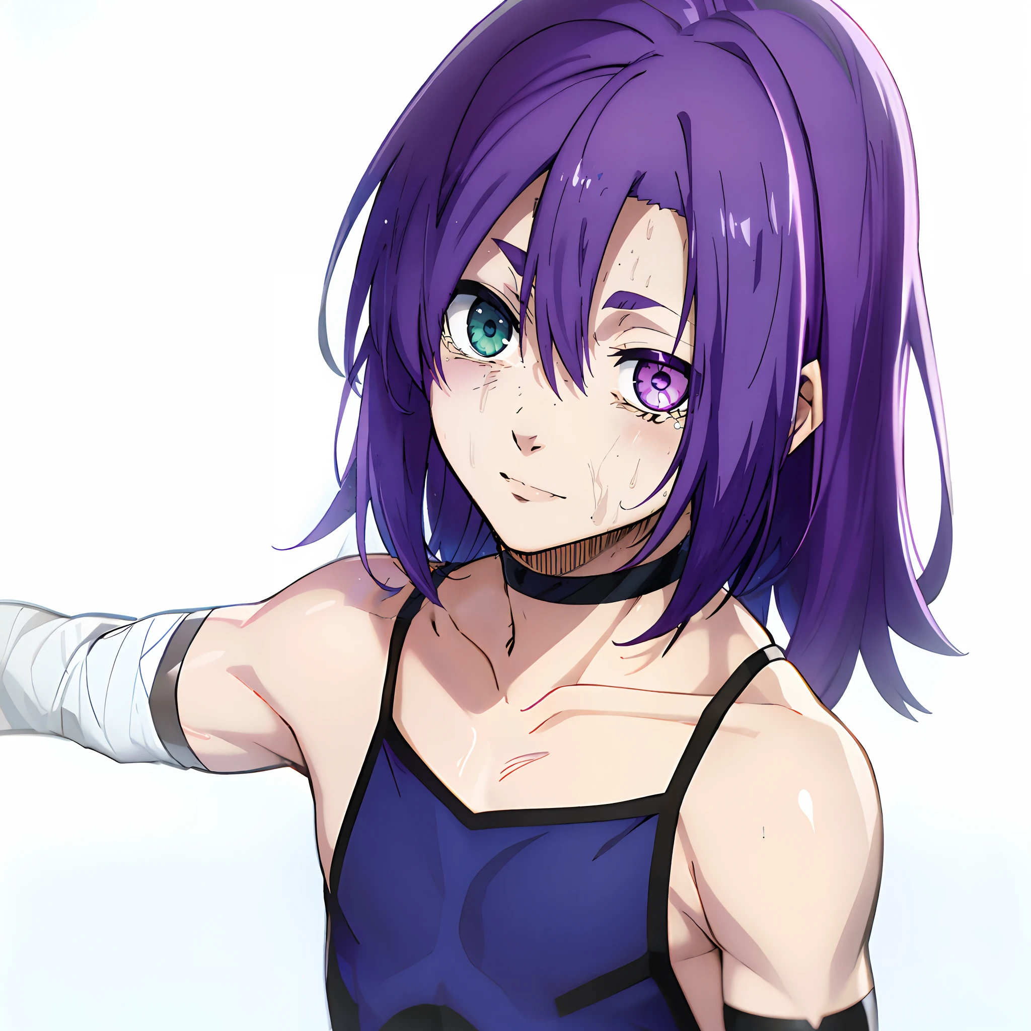 best qualtiy,tmasterpiece, High quality, purple hair, length hair, heterochromia, green eyes, purple eyes, reo mikage, bluelock, Bare shoulders, no sleeves, camisole, chinese clothes, choker, arm warmers, bandages, scar, tears, crying face, big breasts