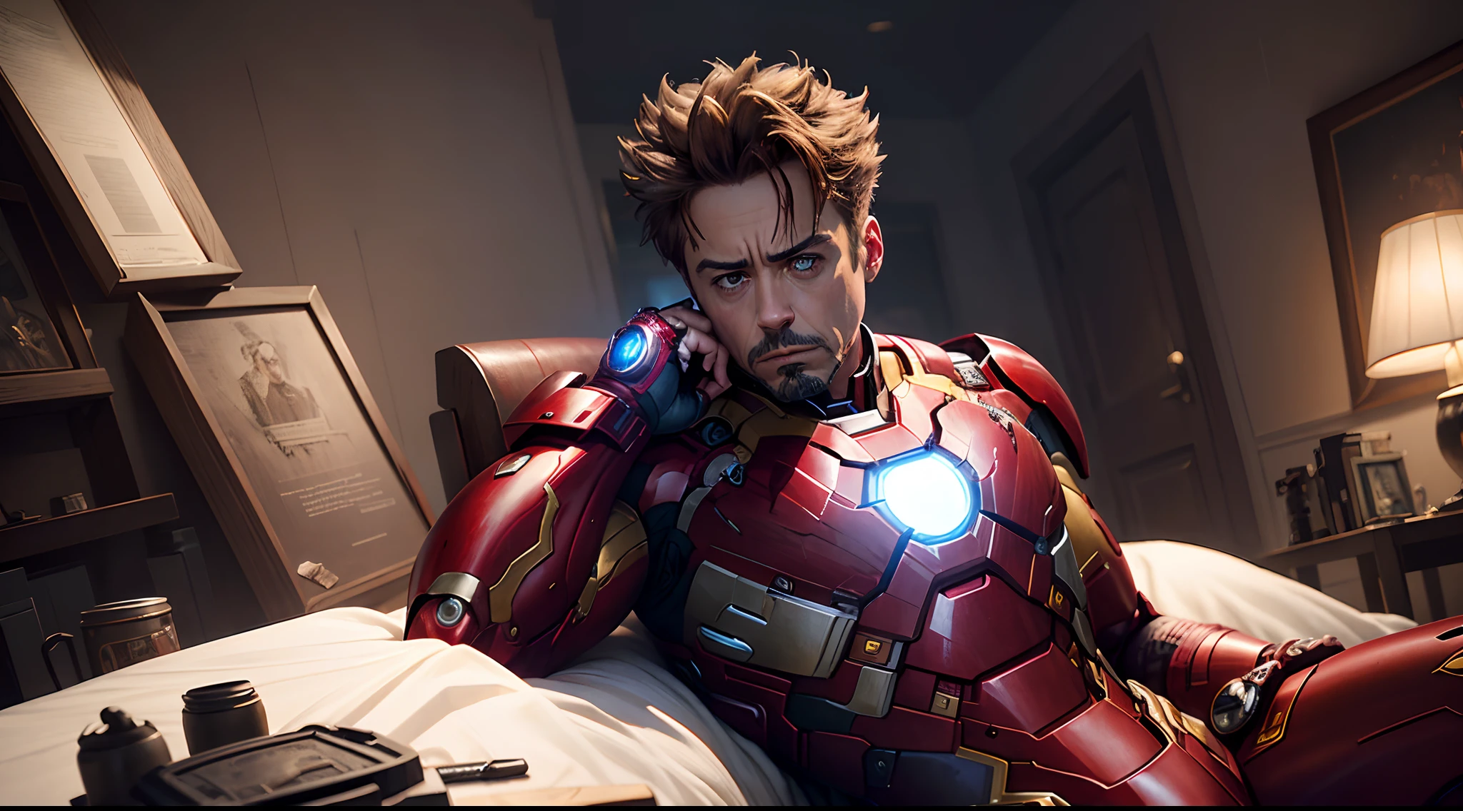 In a striking display of realistic and detailed artistry, capture the intensity of Robert Downey Jr. as Iron Man. Show him sitting amidst the aftermath of a grueling battle, his face marred with blood and fatigue. Use a somber color palette to illuminate the war-ravaged environment, conveying the weight of his heroic sacrifice.