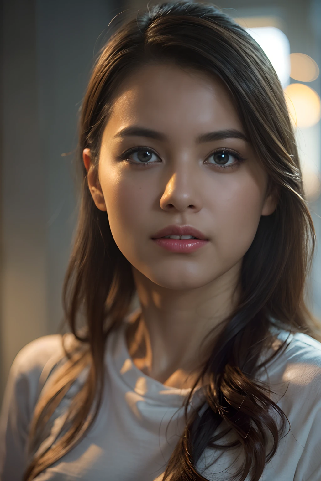 Photorealsitic, hyper realisitic, realisitic, Smooth lighting, Improved lighting quality in movies, 8K, ((1girl in)), 20 years girl, Realistic lighting, Back lighting, Facial light, raytrace, brightened light, Top quality real texture skins, Close-up from chest up, tshirts, Increase the beauty of skin texture
