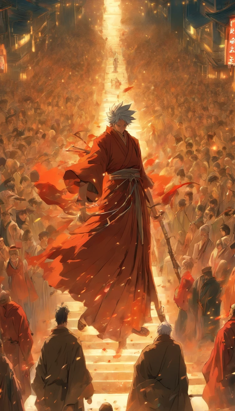 An elderly man in a robe standing on a high platform, wielding a whip and lashing at the bodies of eight people, leaving behind bloody marks, a spacious square with a crowd of onlookers in the background, ,32k, best quality, masterpiece, super detail, high details by Jidaimono Anime Style