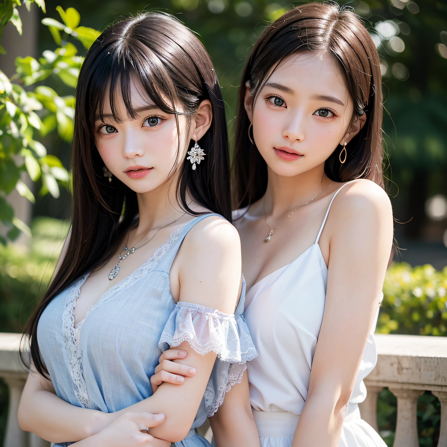 2 girls in、Twintail hairstyles,masutepiece, Best Quality, 8K, 15yo student, Teen, Raw photo, absurderes, award winning portrait, Smile, Botanical Garden, neons, Idol face, violaceaess, gardeniass, Delicate girl, Upper body, Digital SLR, Looking at Viewer, Candid, Sophisticated, zora々Right, Thin arms, Professional Lighting, Film grain, chromatic abberation, (Eyes and faces with detailed:1.0), (Bokeh:1.1),Luxurious blouses、intricate lace、intricate hair ornament、Complex earrings、Complex necklaces、Beautiful breasts、shawls、Pink and light blue,