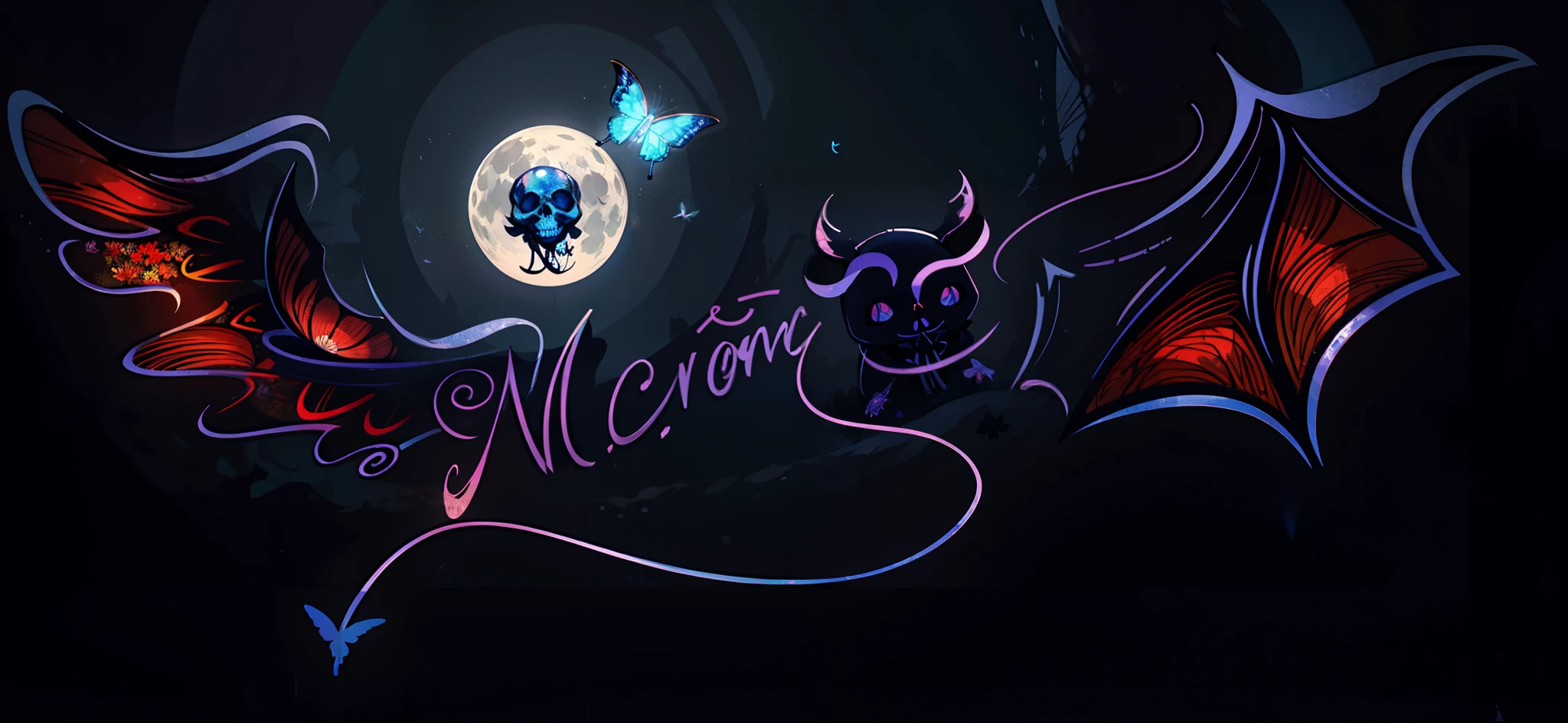 Flower garden, moon, night, cute mouse has angel wings, cute mouse has devil wings, skull in the middle, bright eyes, light butterflies,