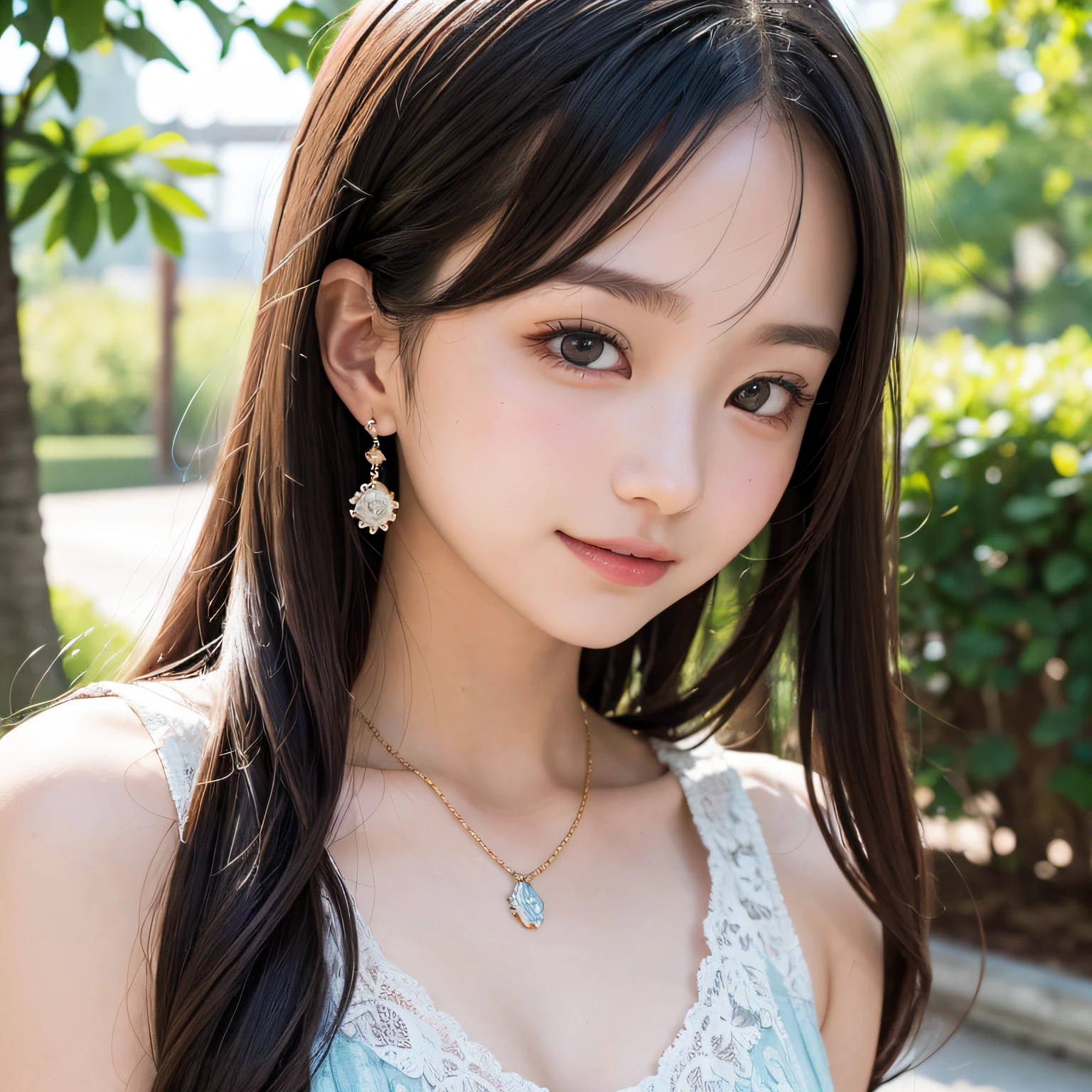 2 girls in、Twintail hairstyles,masutepiece, Best Quality, 8K, , Teen, Raw ph absurderes, award winning portrait, Smile, Botanical Garden, neons, Idol face, violaceaess, gardeniass, Delicate girl, Upper body, Digital SLR, Looking at Viewer, Candid, Sophisticated, zora々Right, Thin arms, Professional Lighting, Film grain, chromatic abberation, (Eyes and faces with detailed:1.0), (Bokeh:1.1),Luxurious blouses、intricate lace、intricate hair ornament、Complex earrings、Complex necklaces、Beautiful breasts、shawls、Pink and light blue,