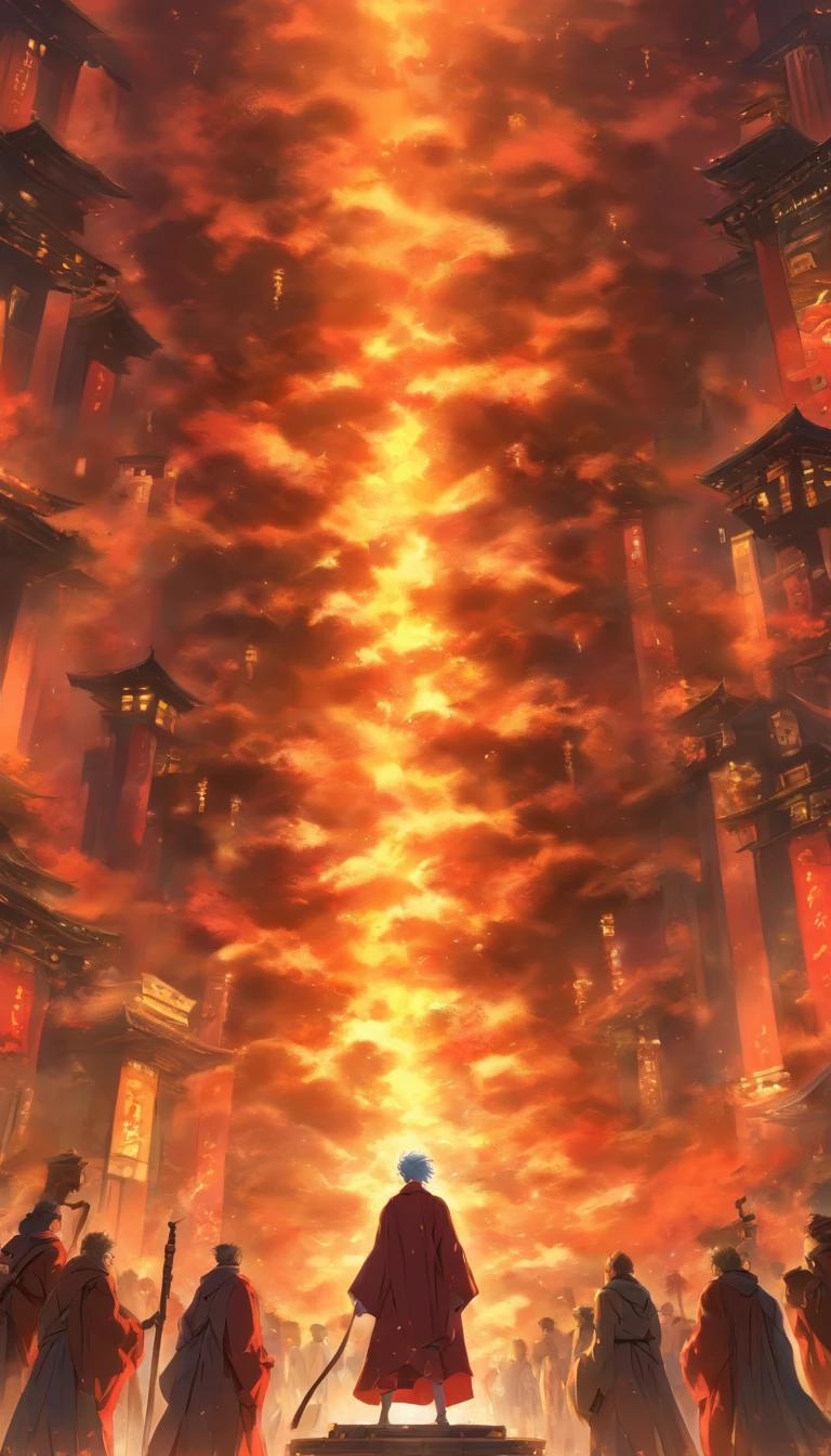 An old man in a robe stood on a high platform, Wield the whip,The bodies of eight people were whipped, Leave blood stains, A spacious square,The background is a crowd of onlookers, ,32K, Best quality, Masterpiece, Super detail, High detail in the style of Yoshidai Monogatari anime