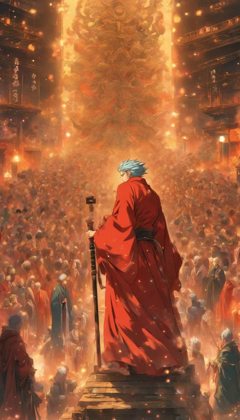 An old man in a robe stood on a high platform, Wield the whip,The bodies of eight people were whipped, Leave blood stains, A spacious square,The background is a crowd of onlookers, ,32K, Best quality, Masterpiece, Super detail, High detail in the style of Yoshidai Monogatari anime