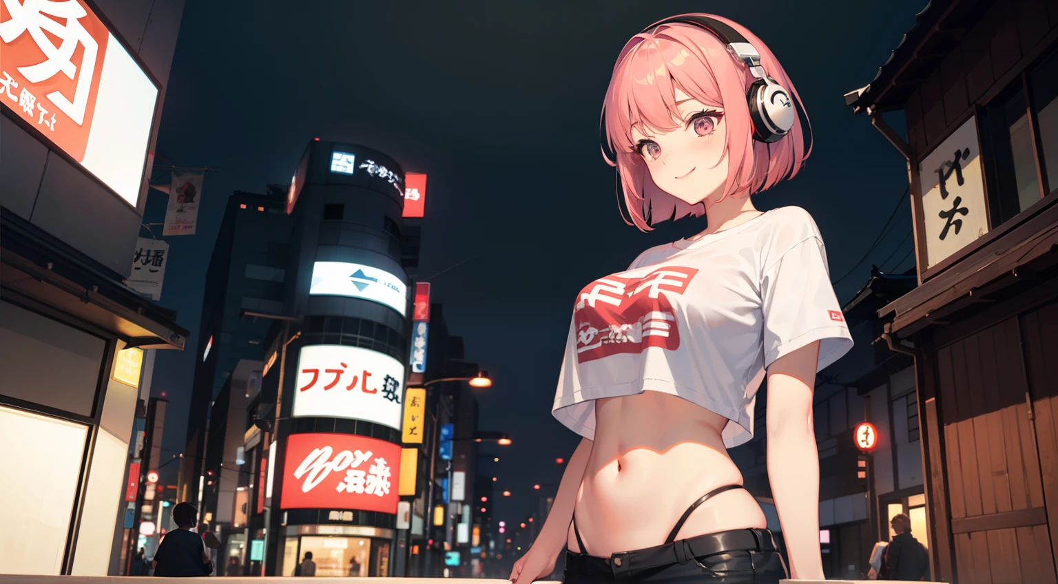 Red LED Female Illustration Profile,Hairstyle Short Bob,Pink hair,Wear overhead headphones, front-facing view, Background of Japan in Tokyo, natta,night scene,Provector, high detailing, Vibrant, Japan hologram symbol, Barcode Design, 4K, nffsw, masutepiece,Big breasts,,Short sleeve T-shirt,Bare navel,Navel Ejection,cute little,A smile,Looking down here,inside of a car