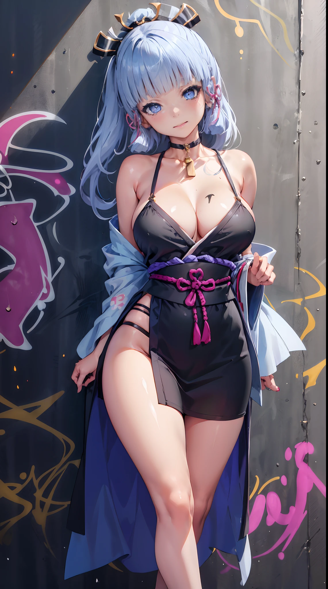 kamisato ayaka|genshin impact, master-piece, bestquality, 1girls, oversized breasts, bara, Wearing a kimono, Miko Dresses, choker, (Graffiti:1.5), Splash with purple lightning pattern., arm behind back, against wall, View viewers from the front., Thigh strap, Head tilt, bored, water eyes,