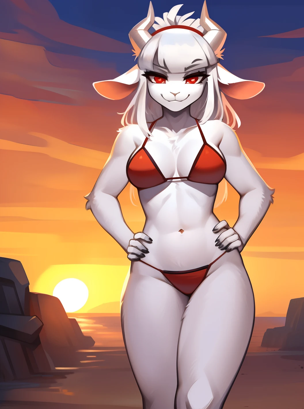 [lucifer], [helltaker], [uploaded to e621.net; (napalm_express)], [uploaded to twitter.com; (vanripperart)], ((furry art)), ((High quality)), ((HD)), ((detailed shading)), ((beautiful solo portrait)), ((front view)), ((beautiful render art)), ((intricate details)), {(attractive female anthro goat); (long white hair), cute red eyes, (white horns on head), (smug smirk)}, {(red bikini)}, {(walking), (1 hand on hip)}, [background; (beach), (orange sky), (sunrise)]
