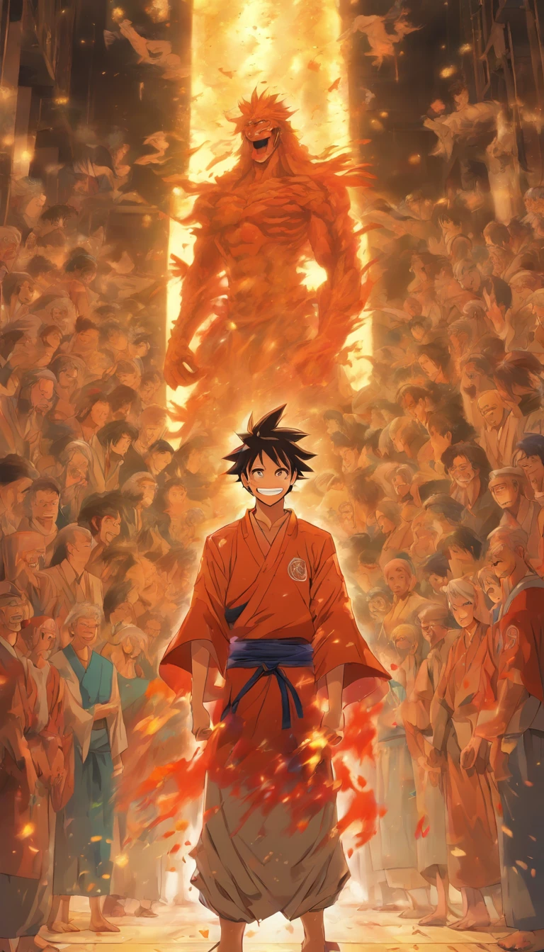 A smiling man standing in the middle of the hall, Surrounded by a group of injured people. After listening to Elder He's teachings, They all left to take care of the wounds. The man in the middle of the hall laughed, Seems happy with their performance. ,32K, Best quality, Masterpiece, Super detail, High detail in the style of Yoshidai Monogatari anime