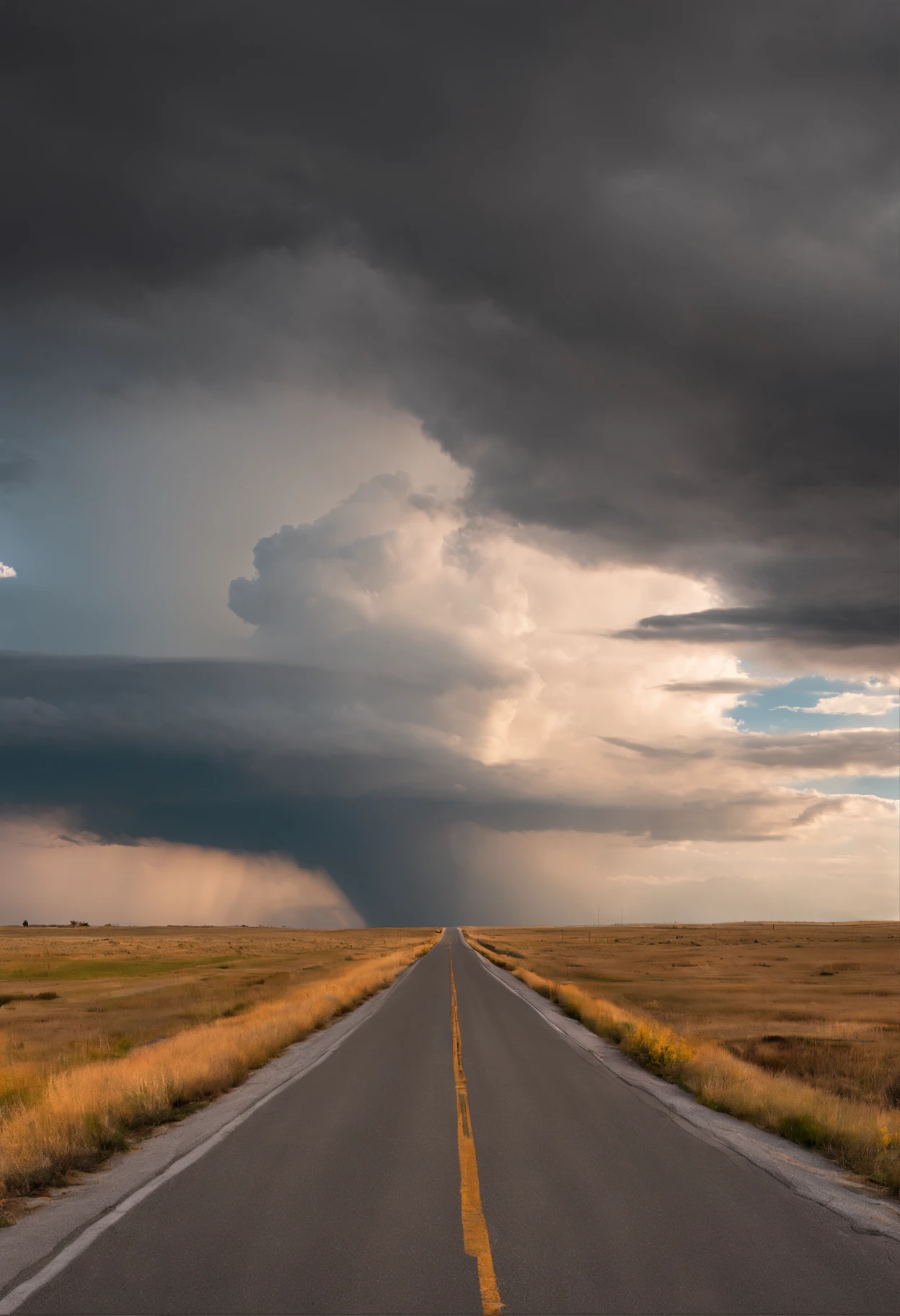 Down Rt. 66 Before the Great Storm, Nostalgic, Annual lighting display, cumulonimbus clouds, voluminetric lighting, Big sky