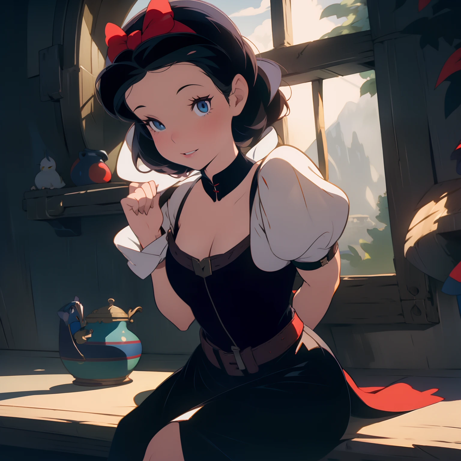 araffe snow white, snow white, modern disney style, cartoon style, red bow, blue eyes, short black hair, sitting on a window sill with a black bra and cuffs, wrapped in leather straps, leather cuffs around wrists, restrained, harnesses and garters, handcuffed, handcuffs, dominant pose, sexy dominant pose, wrists chained to the walls