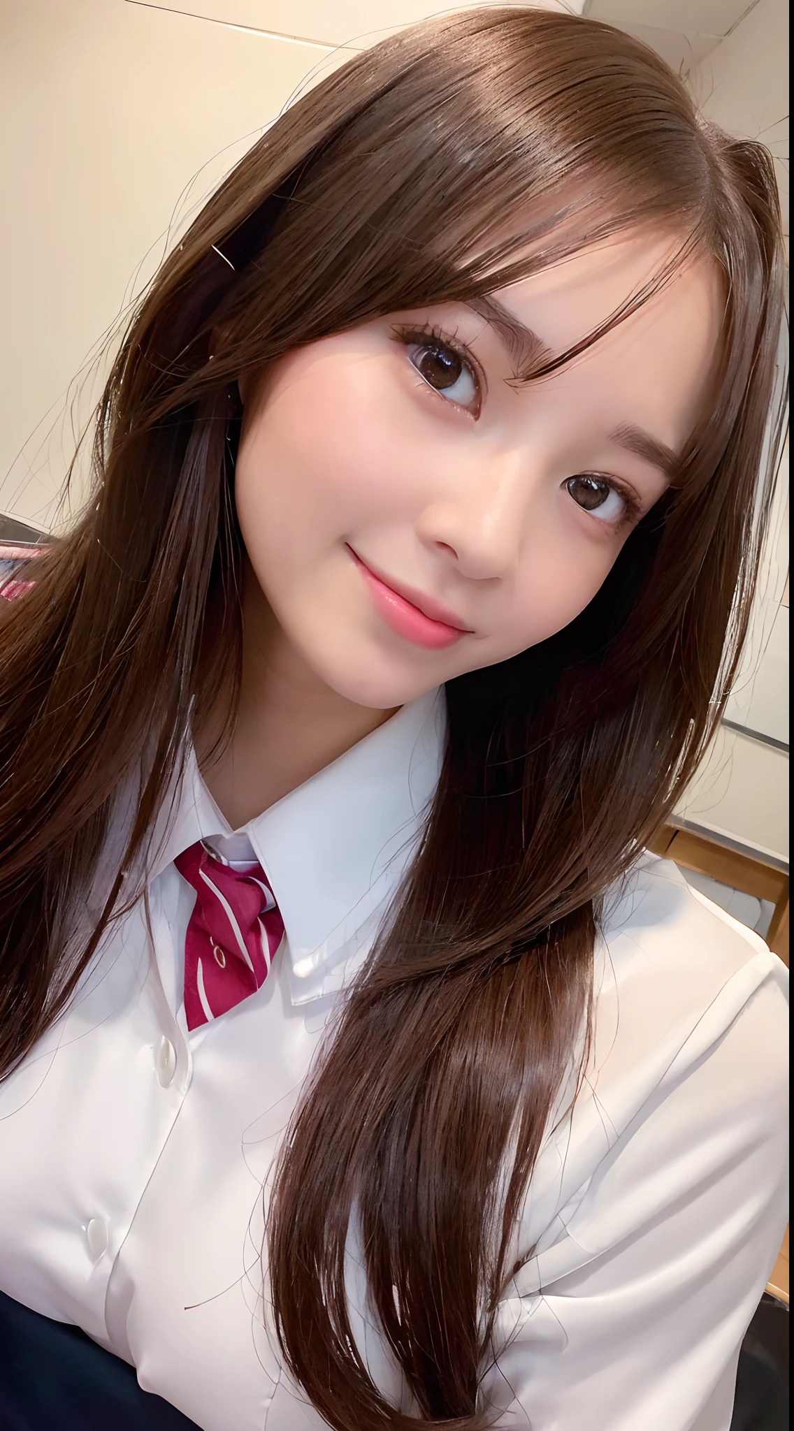 (from the front side),(Face:1.3),(Eye focus:1.4),(close up:1.3),(wide eyes:1.3),Attractive eyes,Eyelashes,Round eyes,jewelry eyes,Twinkle Eyes,slanted eye, eyesight, long eyelashes, Eye Highlights,(Smile with open mouth),look at viewr,Light transparency, Diffraction of light, Best Quality, masutepiece, High quality, High resolution, Detailed, (1womanl), (high-school uniform:1.5), Beautiful face, Full face blush:1.3, Beautiful eyes, (Raspberry brown hair), (Very long hair), (18year old,) (ample breasts:1.2), (a smile:1.2),Perfect fingers in a perfect hand,