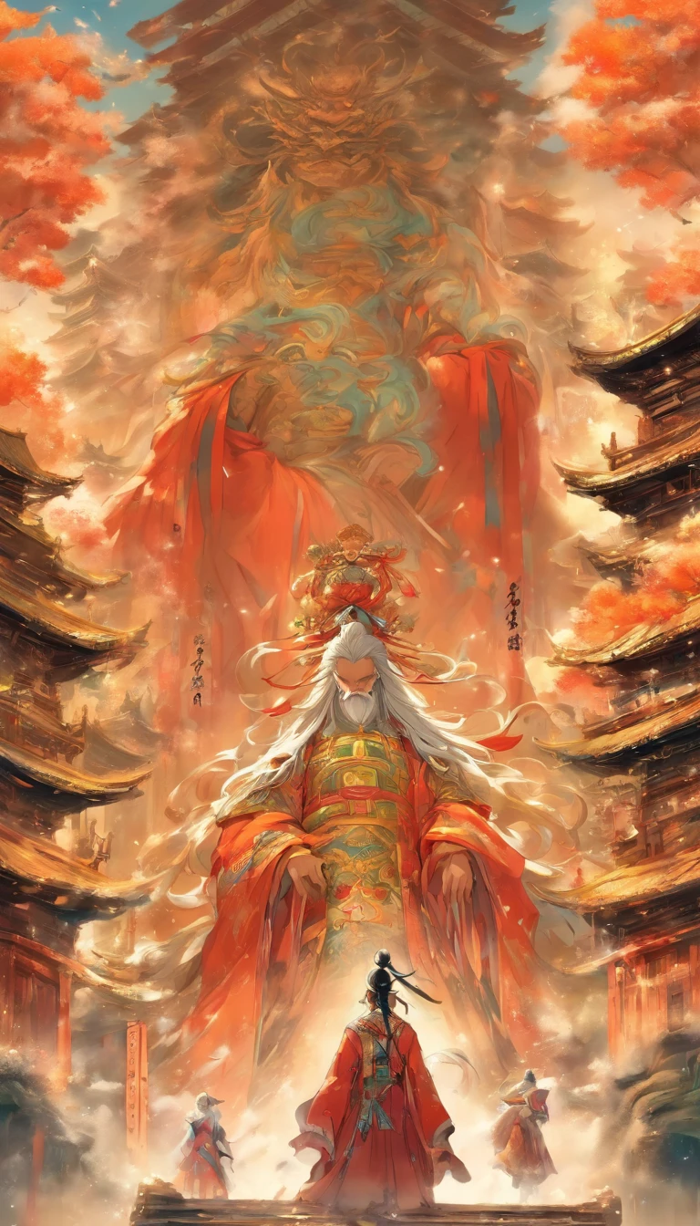 Elder He stood on a high place, With a deep and meaningful gaze. A stately hall was behind him, Decorated with large calligraphy and paintings. Xiao Sheng'er and Nalan Wan'er stood in front of Elder He, Their expressions were solemn, As if they were about to embark on an important task. ,32K, Best quality, Masterpiece, Super detail, High detail in the style of Yoshidai Monogatari anime
