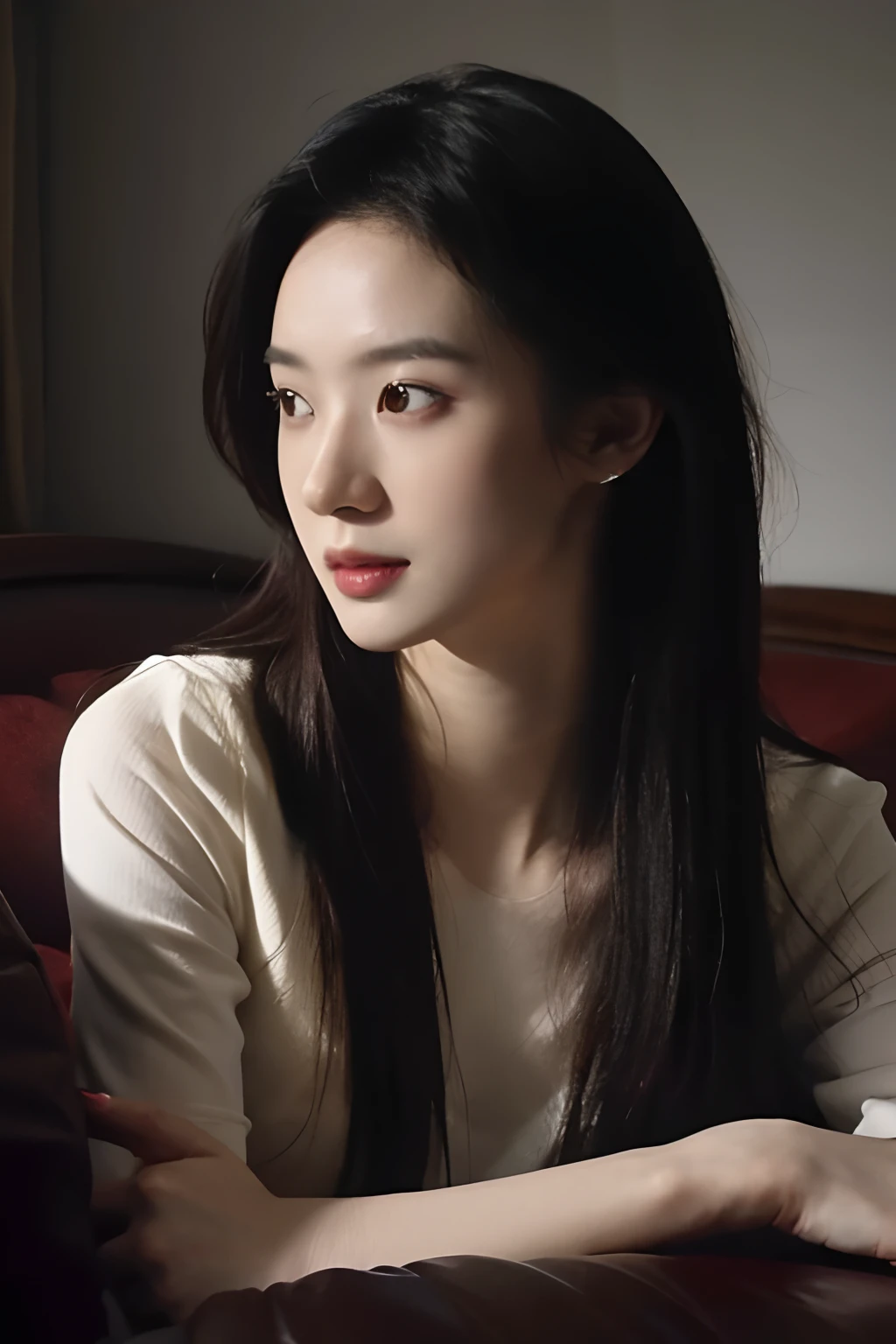 (masutepiece 、Best Quality 、HDR UHD 、Professional)、(Raw photography、top-quality)、((nostalgia、Cile in the 1980s))、(Woman in a literary atmosphere:1.2)、(realisitic、Photorealsitic:1.3)、extremely delicate and beautiful、astonishing、finely detail、 masterpiece, ultra-detailliert, hight resolution, The best illustrations, Best Shadows,Convoluted,depth of fields,1girl in,(long legged:1.4),length hair,hair messy,(((lowkey,Dark Scene,The dim)))),grease,(((softlighting:1.4))),(pale-skinned:1.4),(smile shy),( angle),foco nítido, Volumetric fog, 8K UHD, Digital SLR, hightquality,(film grains:1.4), FujifilmXT3,(Look at viewers)