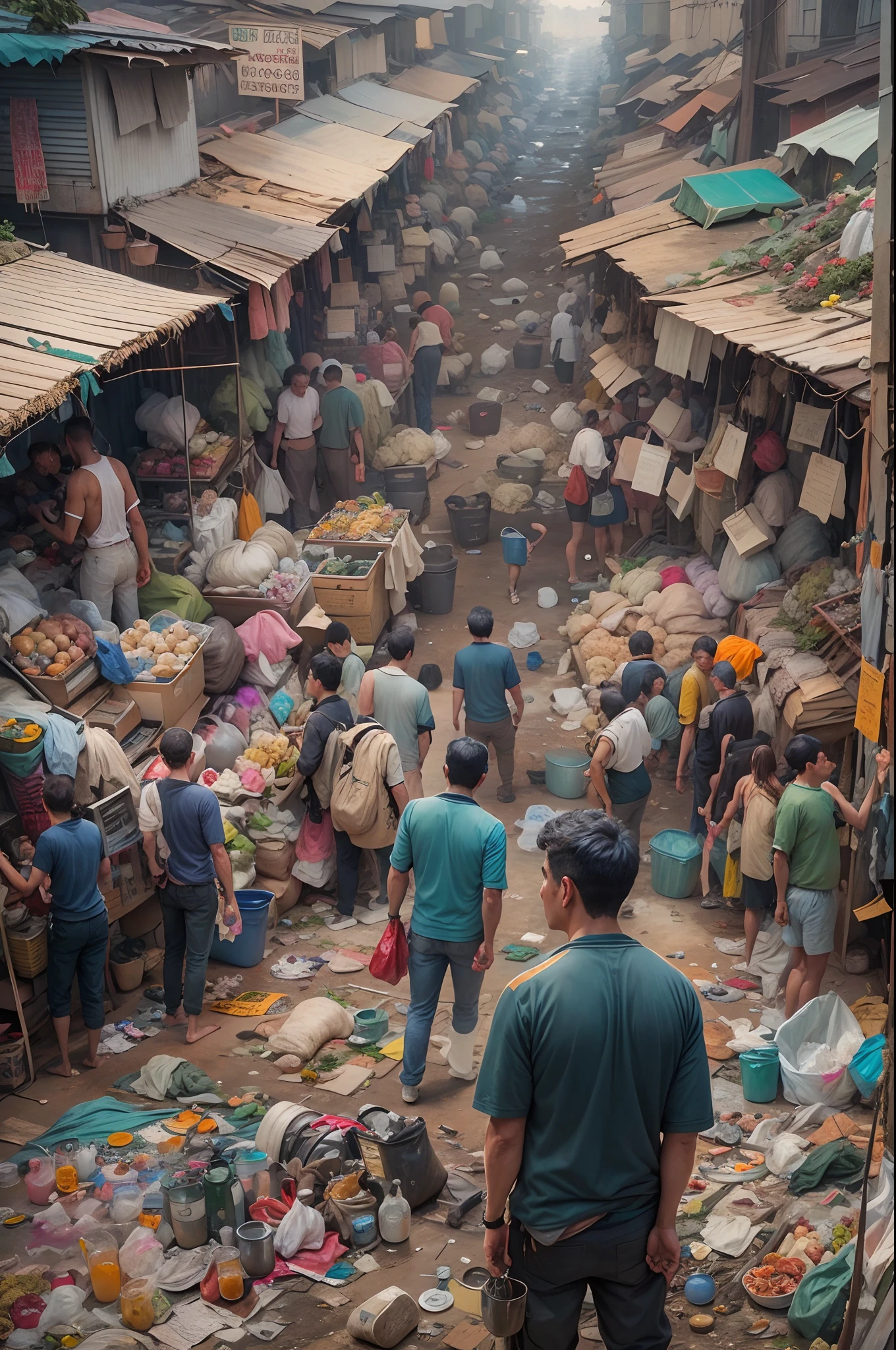 There are many people standing on piles of garbage、Vibrant eco and complex realistic paintings of overpopulated markets、background is a slum、Insanely very detailed artwork。
There are many people standing on piles of garbage, Overpopulated oil painting, A vibrant echo of the market, Intricate realistic paintings, background is a slum, Insanely very detailed artwork, Made of garbage, Ultra-fine detail coating, Hyperrealism Vrubel, Intricate oil painting artwork, Deep dreams, Robert Bereny