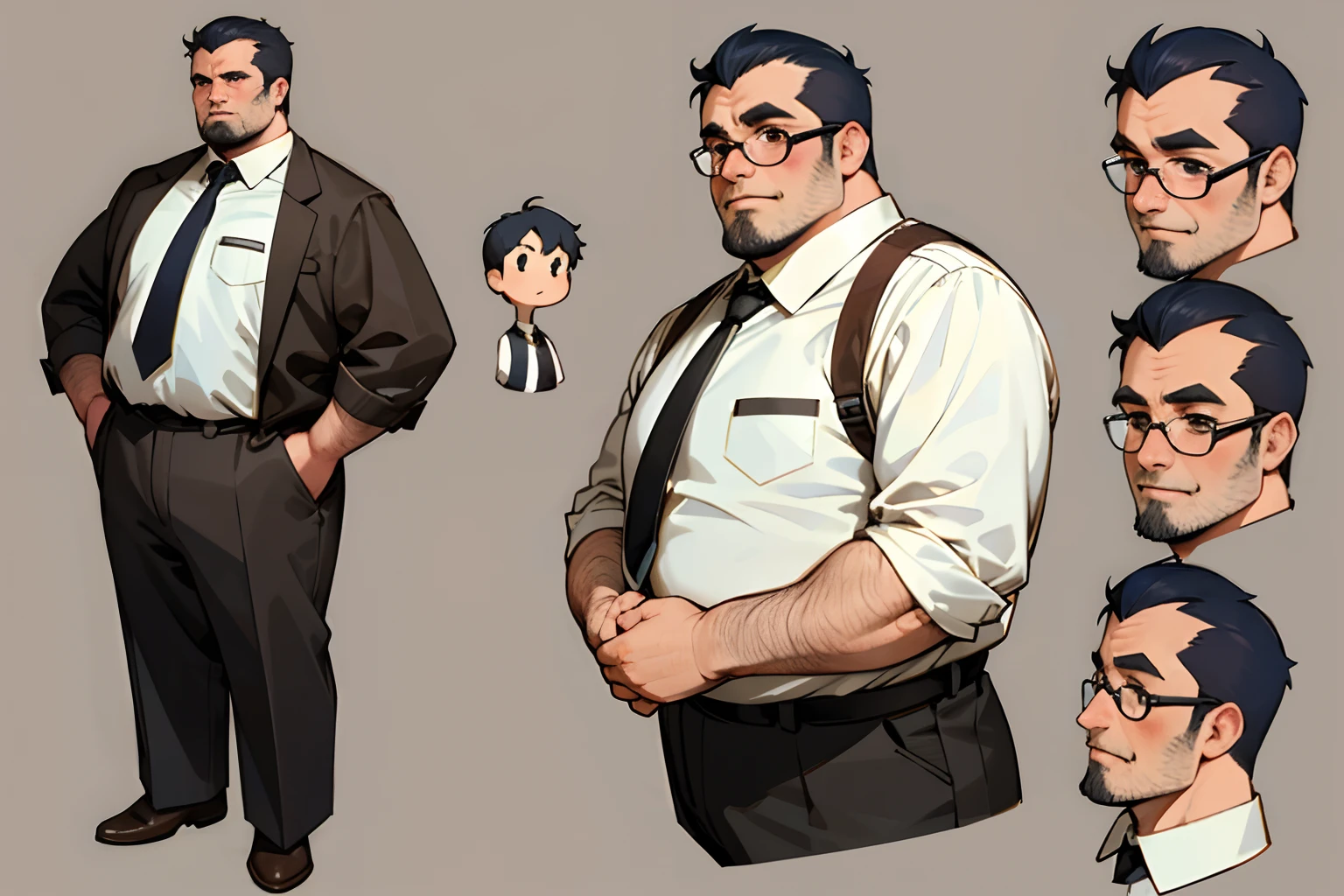 masterpiece,top-quality,((character sheets,Same character,gauges,Lateral face,soles)),environment change scene,Pose Jitai,Chartaran Betarola,(simple background、white backgrounid:1.3),illustratio,1 male human,Uncle,Fat Man,Metabo,I have a big stomach,Face is large,Stubble,Lots of body hair,Chest hair,A dark-haired,Less hair on the top of the head,Hair is thick,wears glasses,White Y-shirt,Black slacks,neck tie,multi view