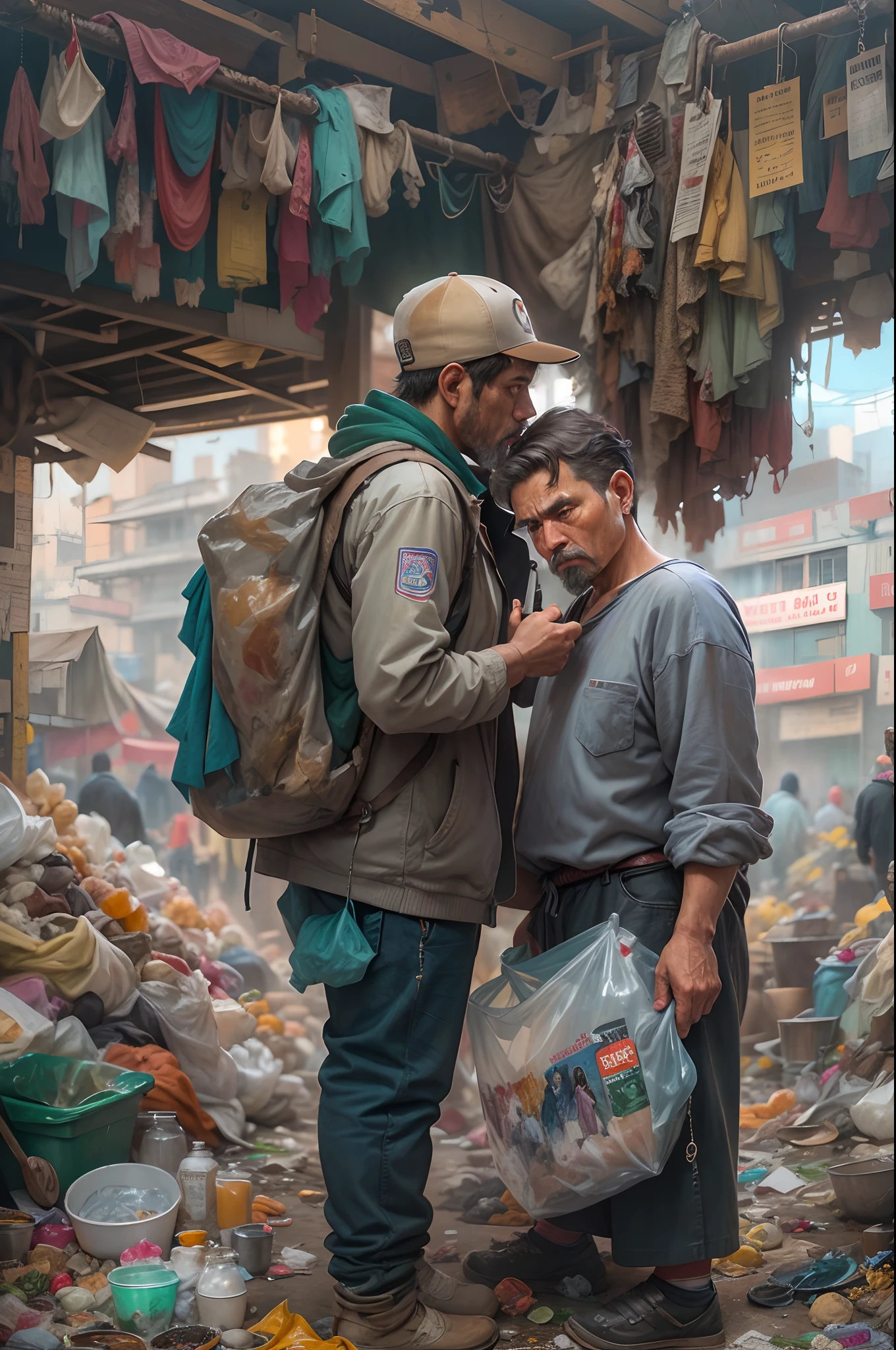 There are many people standing on piles of garbage、Vibrant eco and complex realistic paintings of overpopulated markets、background is a slum、Insanely very detailed artwork。
There are many people standing on piles of garbage, Overpopulated oil painting, A vibrant echo of the market, Intricate realistic paintings, background is a slum, Insanely very detailed artwork, Made of garbage, Ultra-fine detail coating, Hyperrealism Vrubel, Intricate oil painting artwork, Deep dreams, Robert Bereny