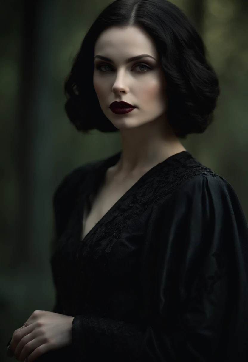 (High quality: 1.3), cinematic shot, masterpiece, (sharp focus: 1.5), (photorealistic: 1.3), medium portrait of (a beautiful young vampire woman, pale skin, gothic, still proud and fierce, straight black short bob hair, dark look, dressed in a highly detailed dark tunic, dark atmosphere, but sculpting the shapes in sharp chiaroscuro), is night, (highly detailed skin), (detailed face),  detailed background, dark lighting, twilight lighting, volumetric lighting, complex details, UHD,